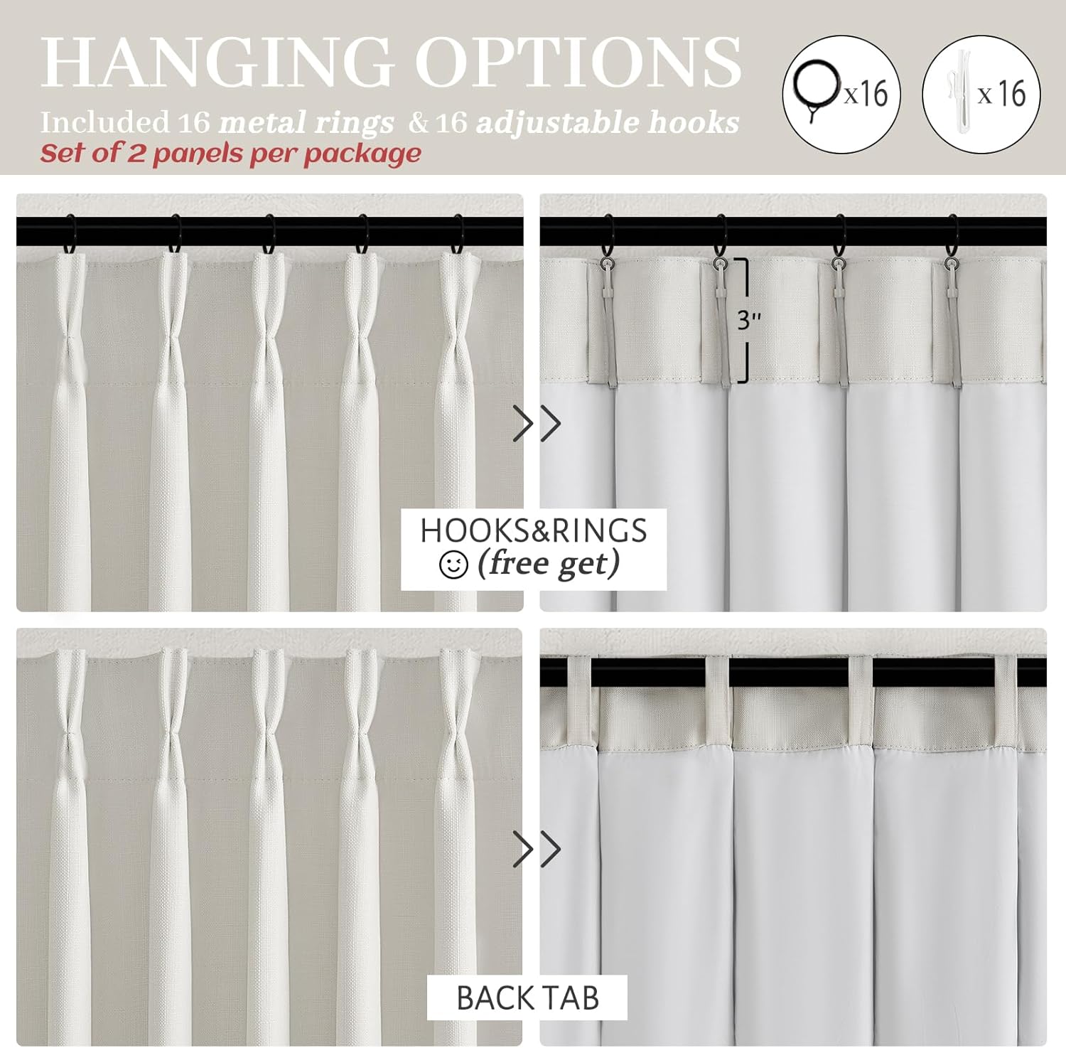 Beige White Blackout Floor to Ceiling Curtains 100 Inch Long for Sliding Door, Memory Trained Pinch Pleated Custom Double Layer Thick Linen Curtain Noise Reducing Light Blocking Bedroom Window Drapes