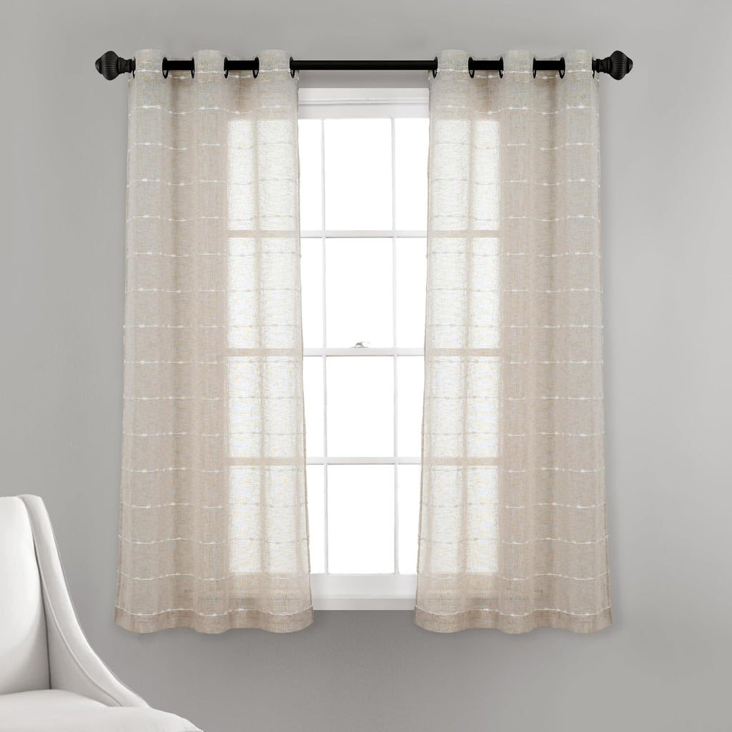Lush Decor Farmhouse Textured Grommet Sheer Window Curtain Panel Pair, 38"W x 95"L, Beige