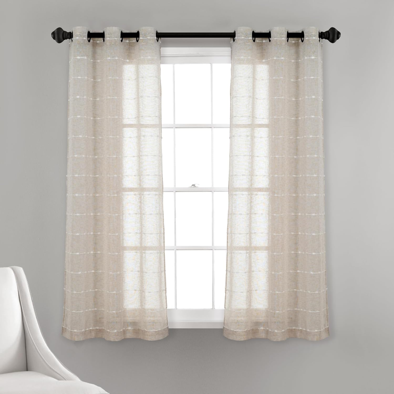 Lush Decor Farmhouse Textured Grommet Sheer Window Curtain Panel Pair, 38"W x 95"L, Beige