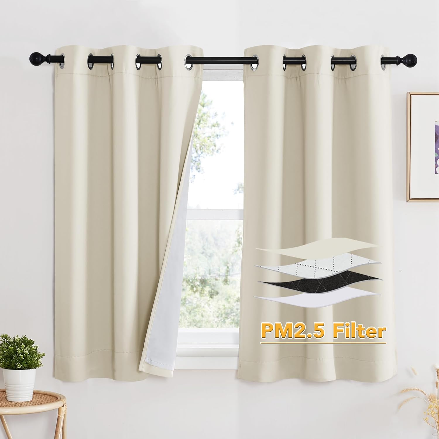 RYB HOME PM 2.5 Filter Curtains for Living Room, Noise Reduction Room Darkening Window Coverings Melt Blown Fabric Liner for Dust Sandstorms Smog Pollen Odor Filtering, Black, W52 x L84 inch, 2 Panels