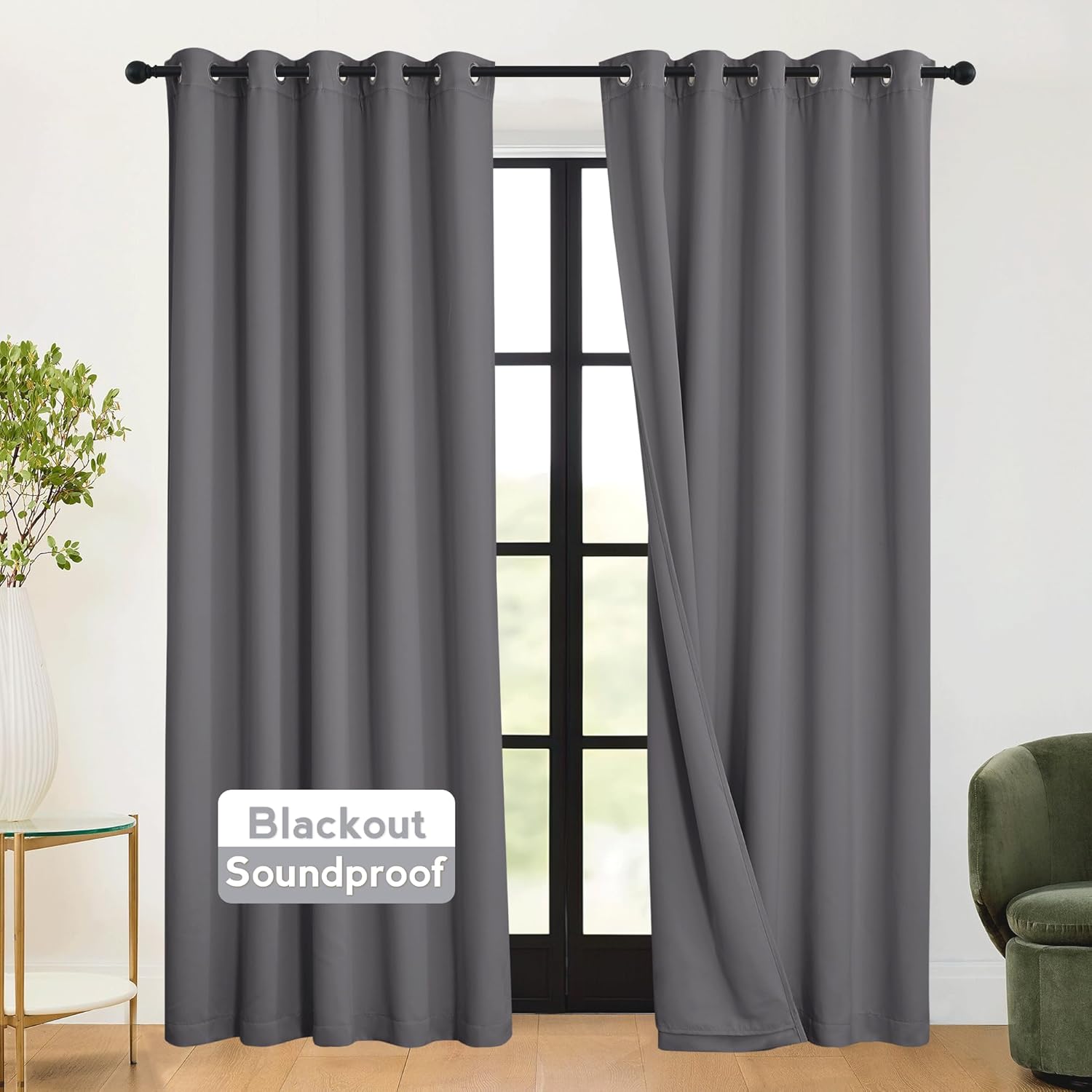 RYB HOME Soundproof Curtains 84 inches - 3 Layers Blackout Curtains Noise Cancelling Thermal Insulted Drapes for Door Window Living Room Nursery Divider Drapes, W 52 x L 84 inch, Gray, 1 Pair
