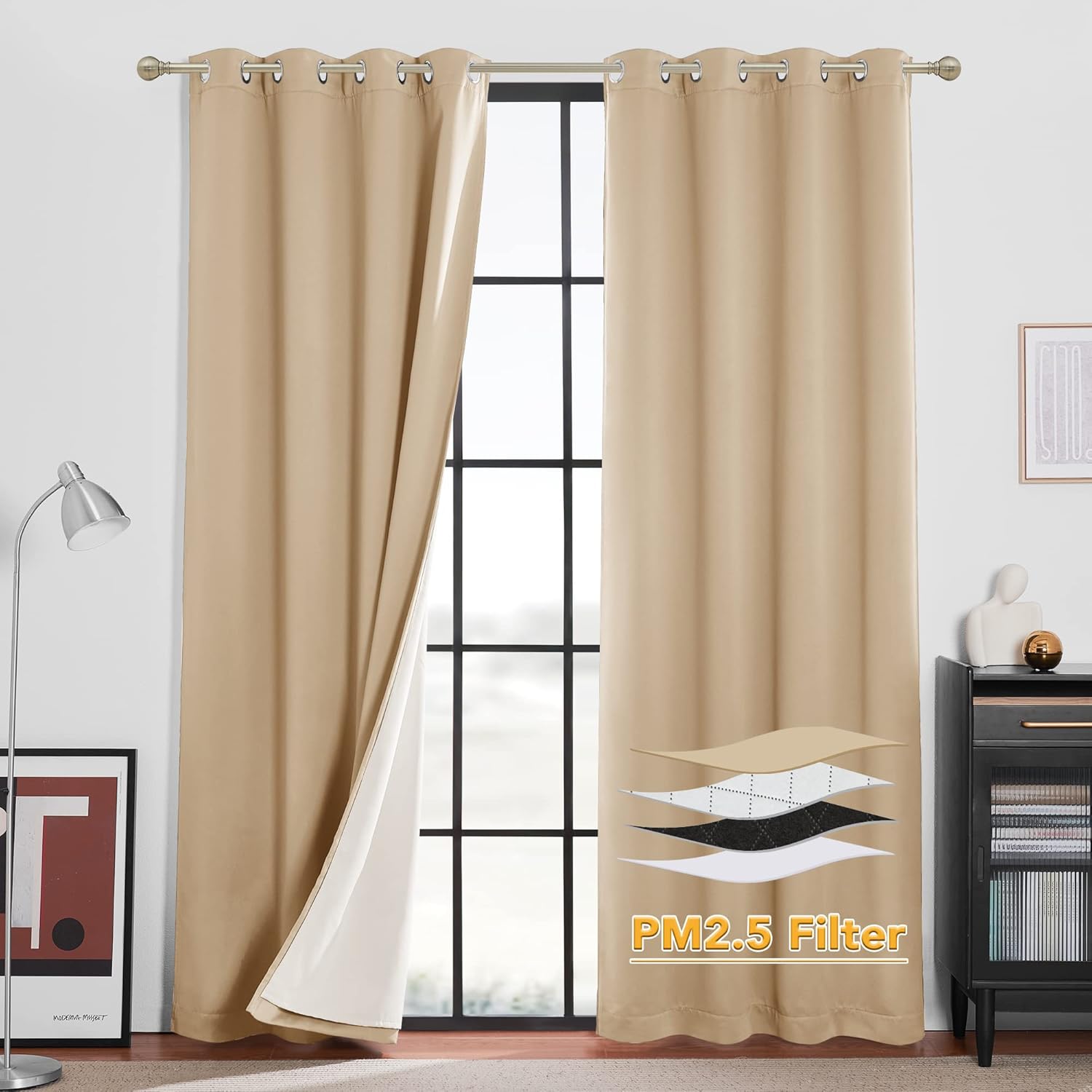 RYB HOME PM 2.5 Filter Curtains for Living Room, Noise Reduction Room Darkening Window Coverings Melt Blown Fabric Liner for Dust Sandstorms Smog Pollen Odor Filtering, Black, W52 x L84 inch, 2 Panels