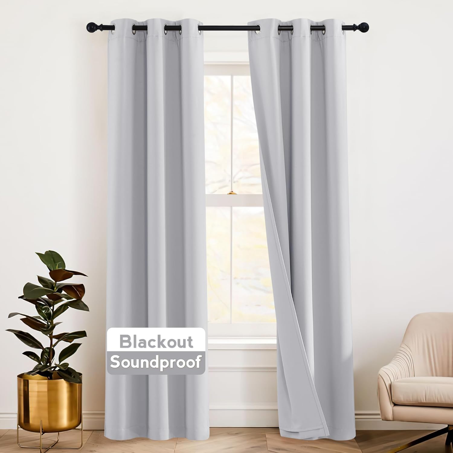 RYB HOME Soundproof Curtains Blackout - 3 Layers Light Block Noise Cancelling Thermal Insulated Curtains for Living Room Bedroom Room Divider, 52 inch Wide x 108 inch Long, Grey, 2 Panels