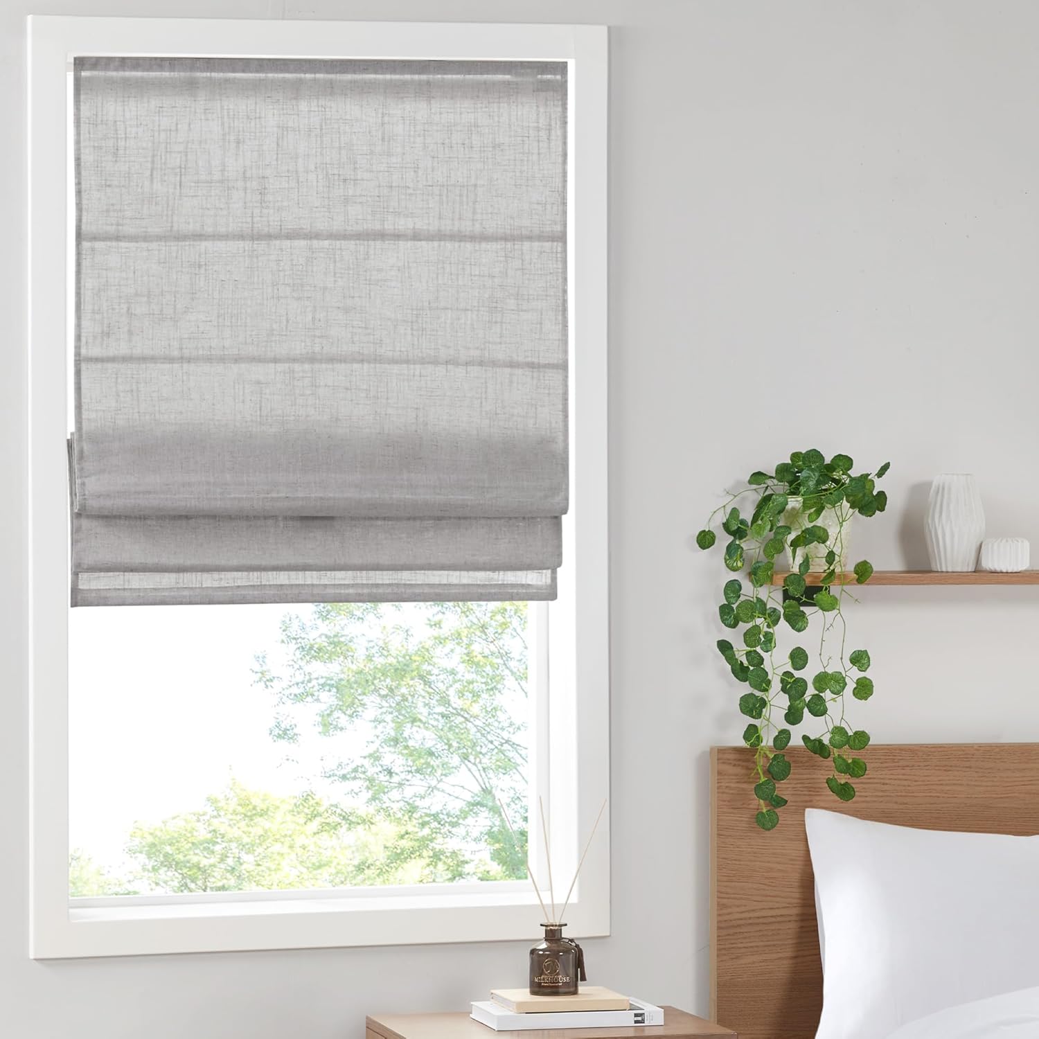 Madison Park Kyler Cordless Roman Shades - Single Panel, Lightweight Linen Blend Fabric, Natural Design, Easy Installation, Light Filtering Window Blind, Bedroom, Living Room Decor 27"W x 64"H Natural
