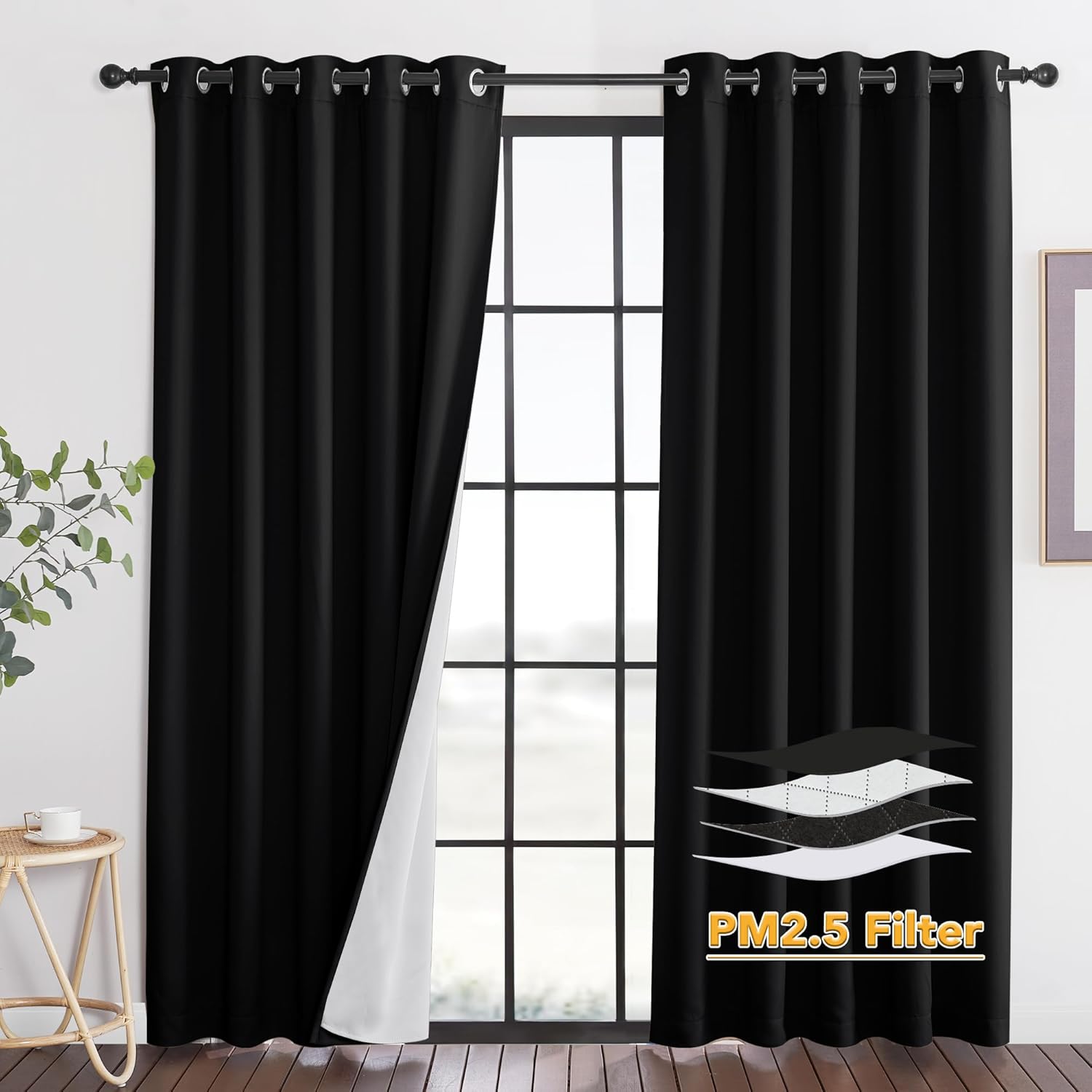 RYB HOME PM 2.5 Filter Curtains for Living Room, Noise Reduction Room Darkening Window Coverings Melt Blown Fabric Liner for Dust Sandstorms Smog Pollen Odor Filtering, Black, W52 x L84 inch, 2 Panels