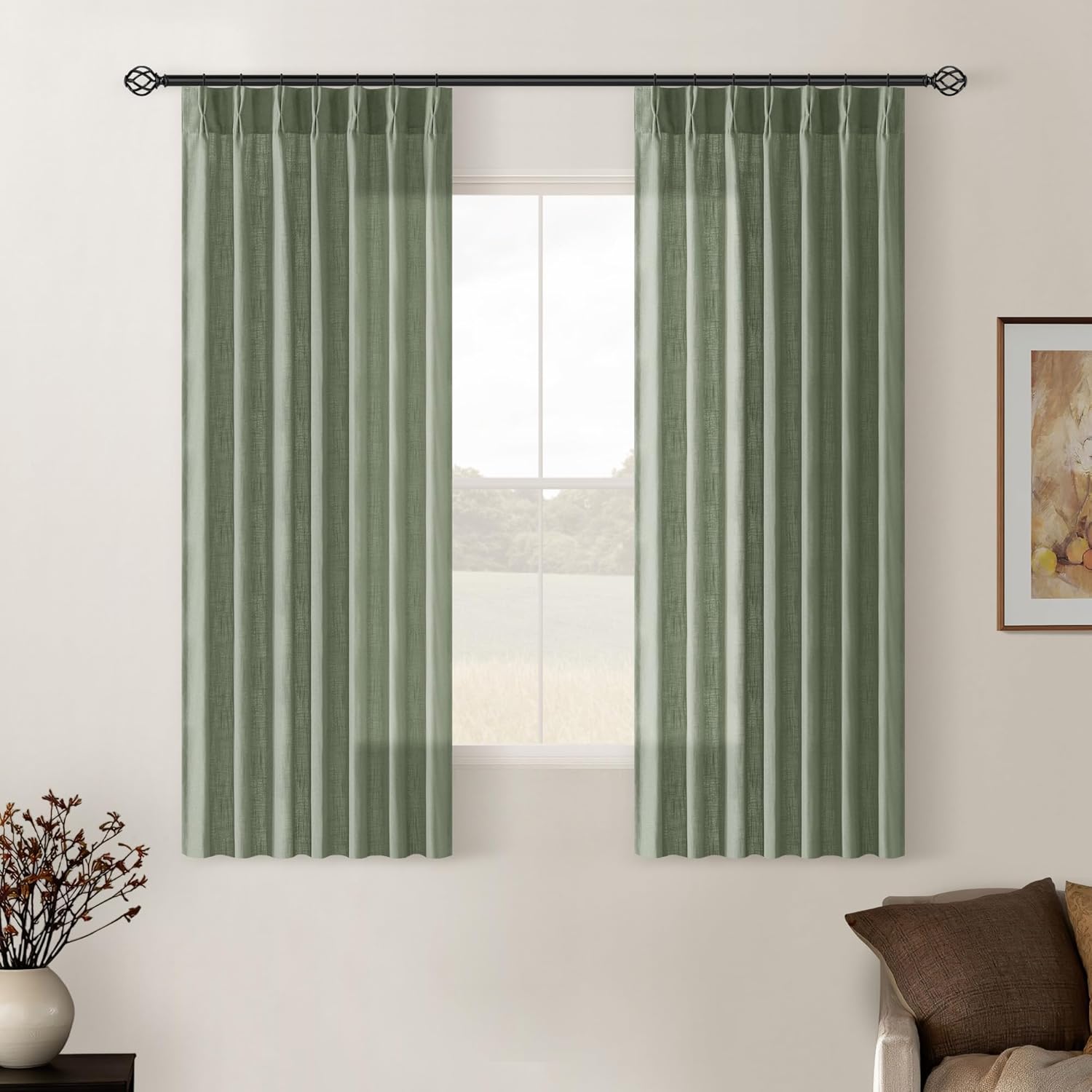 Natural Pinch Pleated Linen Curtains 84 Inch Length 2 Panels for Living Room Bedroom Textured Cream Ivory Birch Semi Sheer Boho Neutral Back Tab Pinch Pleat Hooks Rings Window Curtain 84 Inches Long