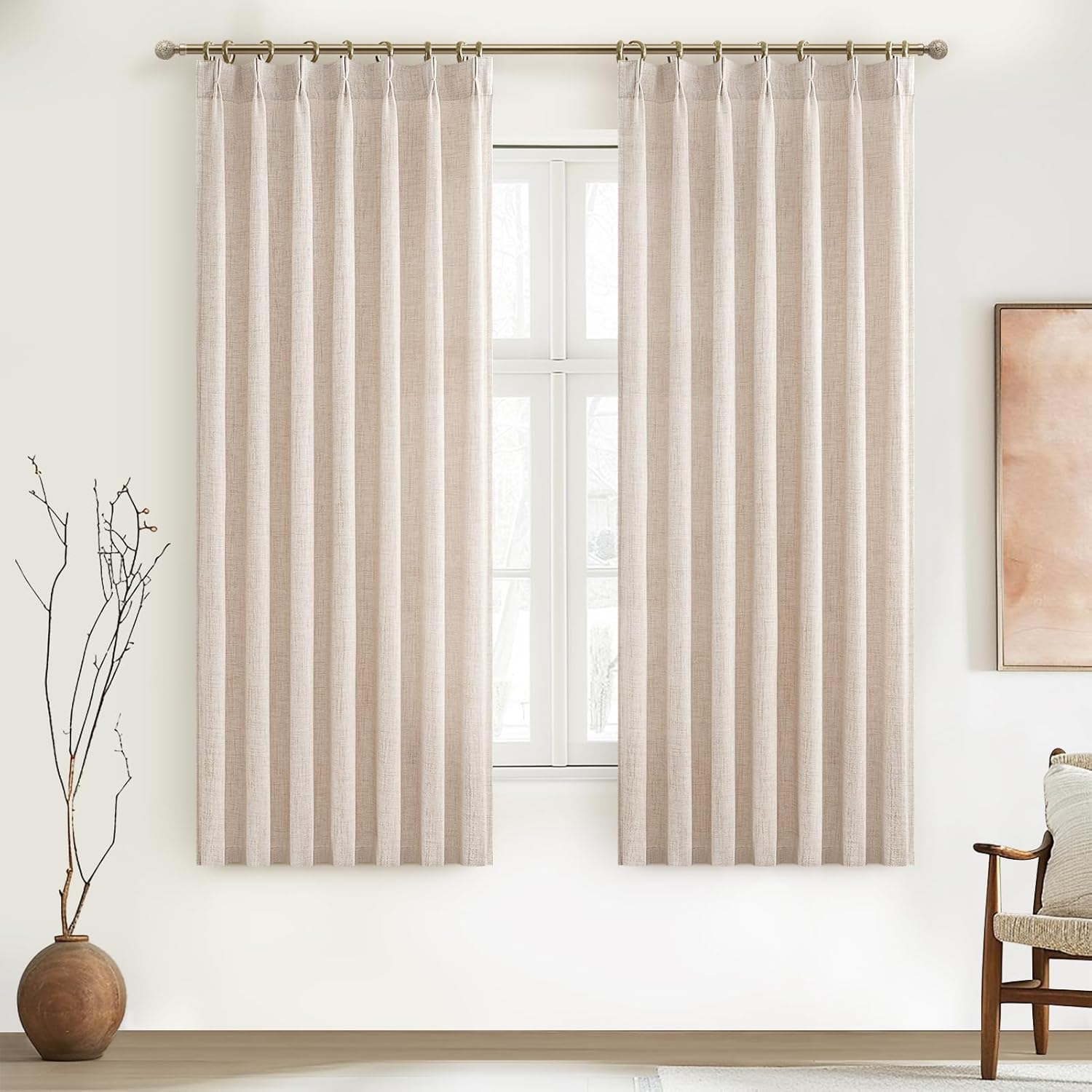 Pinch Pleated Linen Curtains 96 Inches Long for Living Room Bedroom, Light Filtering Boho Window Drape 96 inch 2 Panels Burgs with Hooks&Rings 8ft Cream Birch Sliding Glass Door Sheer Curtain Decor