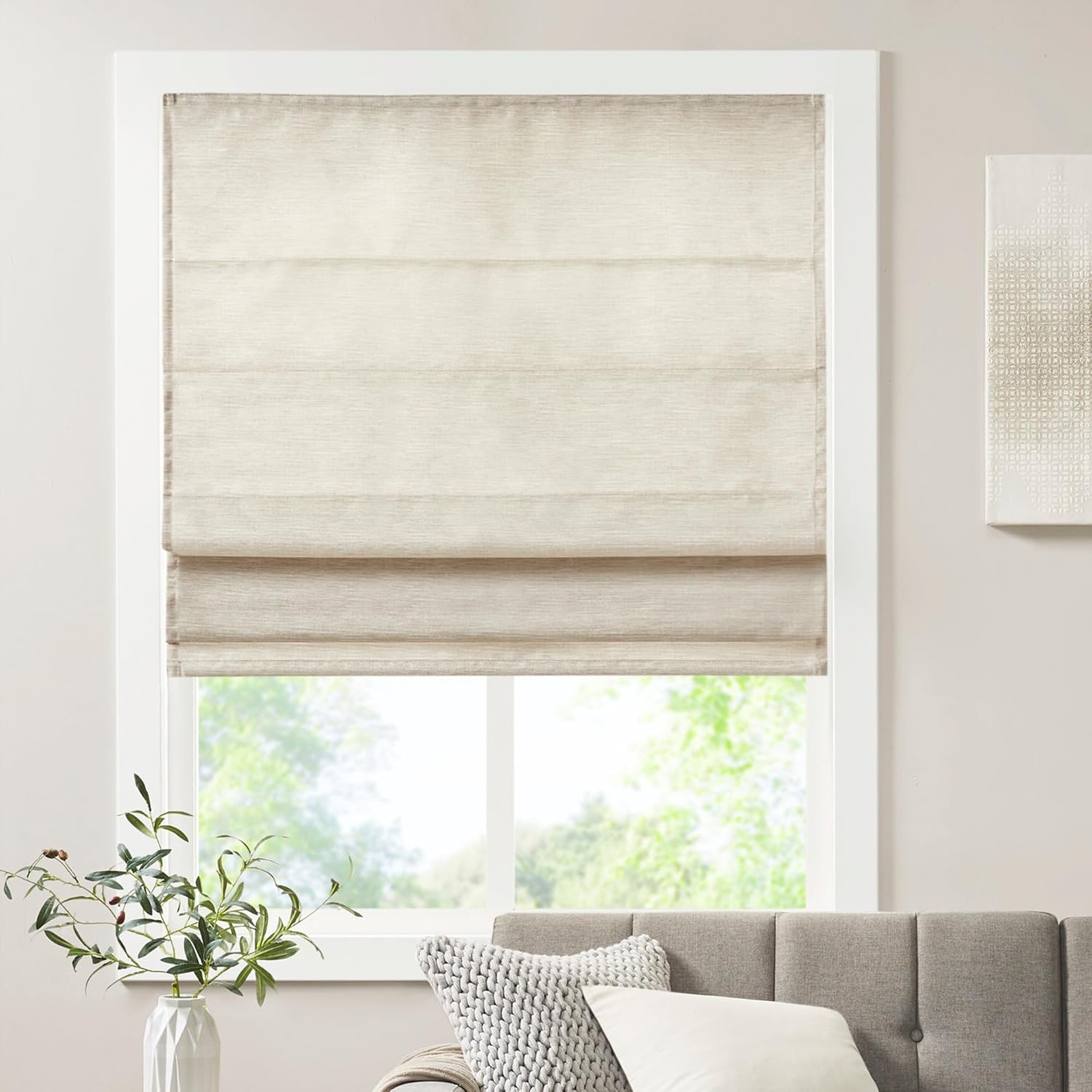 Madison Park Galen Cordless Roman Shade, 31"W x 64"H, Sheen Ivory – Room Darkening, Thermal Insulated, Energy Efficient Window Blind with Subtle Sheen Basketweave Fabric for Privacy