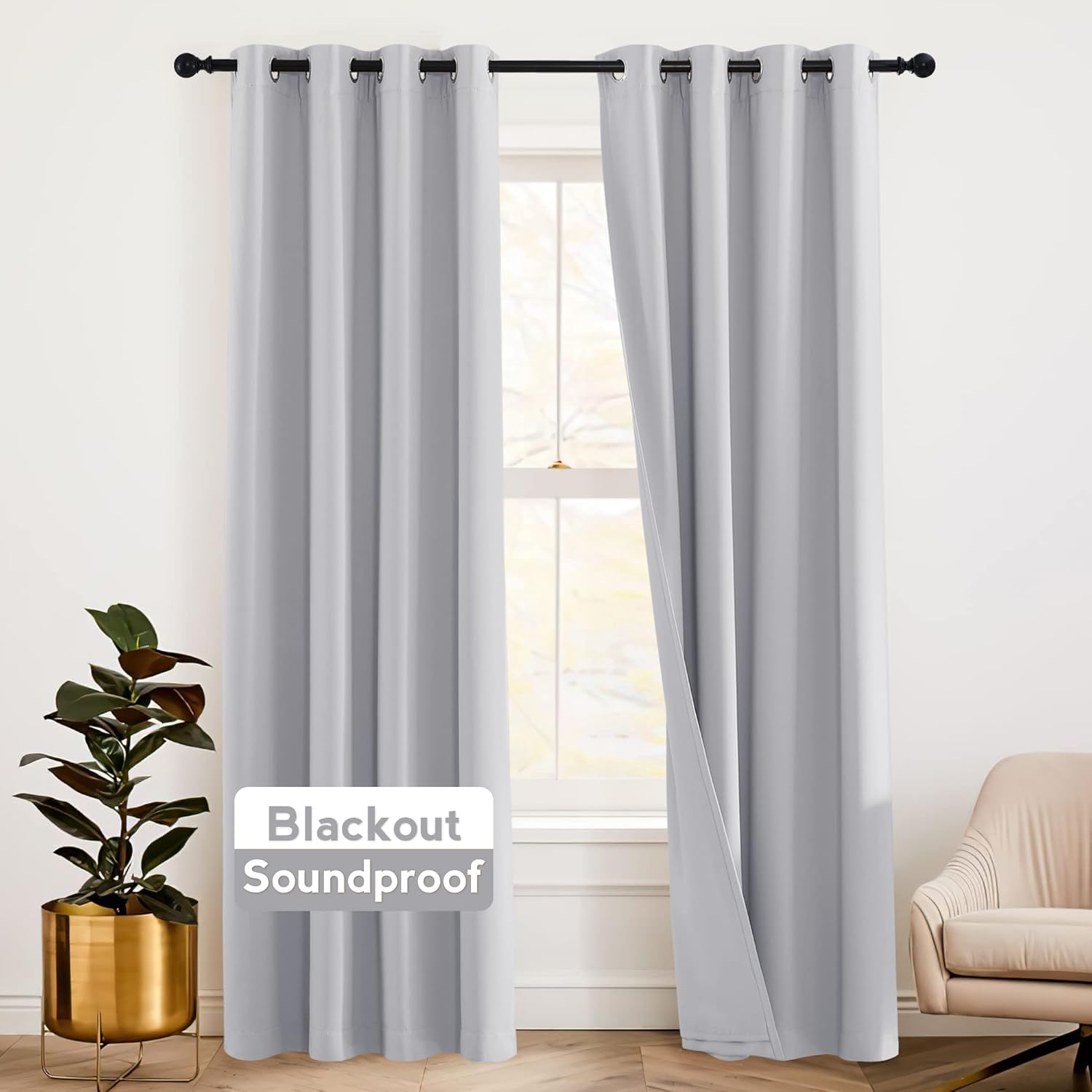 RYB HOME Soundproof Curtains 84 inches - 3 Layers Blackout Curtains Noise Cancelling Thermal Insulted Drapes for Door Window Living Room Nursery Divider Drapes, W 52 x L 84 inch, Gray, 1 Pair