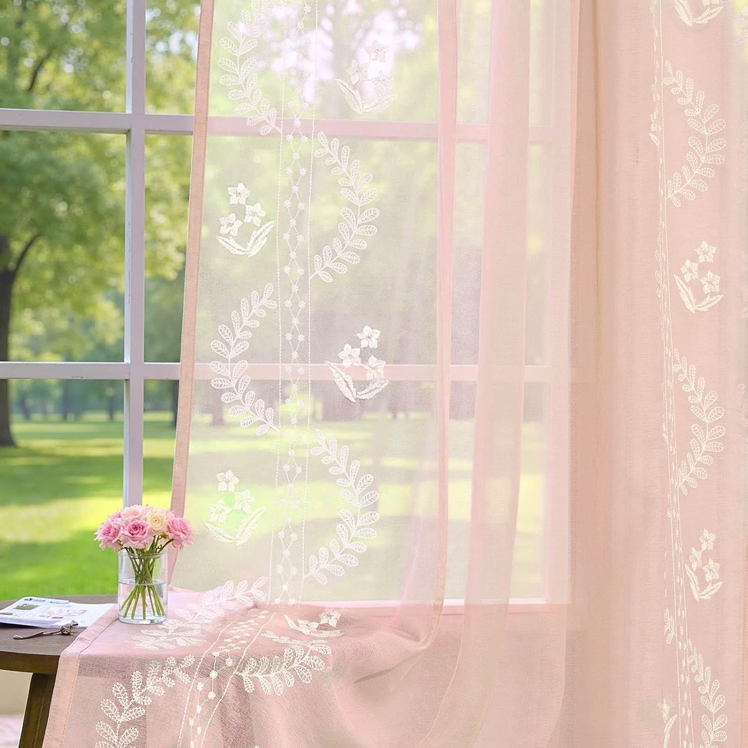 jinchan Belrose Linen Sheer Curtains for Living Room 84 Inch Length Sheer Voile Embroidered Floral Curtains for Bedroom Light Filtering Rod Pocket Window Treatments Farmhouse Decor 2 Panels Beige