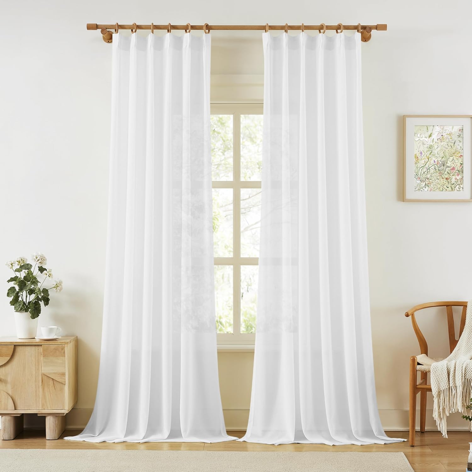 KangBang Pinch Pleat Sheer Curtains 112 Inches Long 2 Panels, Light Filtering Tree Branch Texture Soft Voile Drapes for Living Room Hotel Dorm, Gauzy and Breezy Window Panels, White,42x112 Inch
