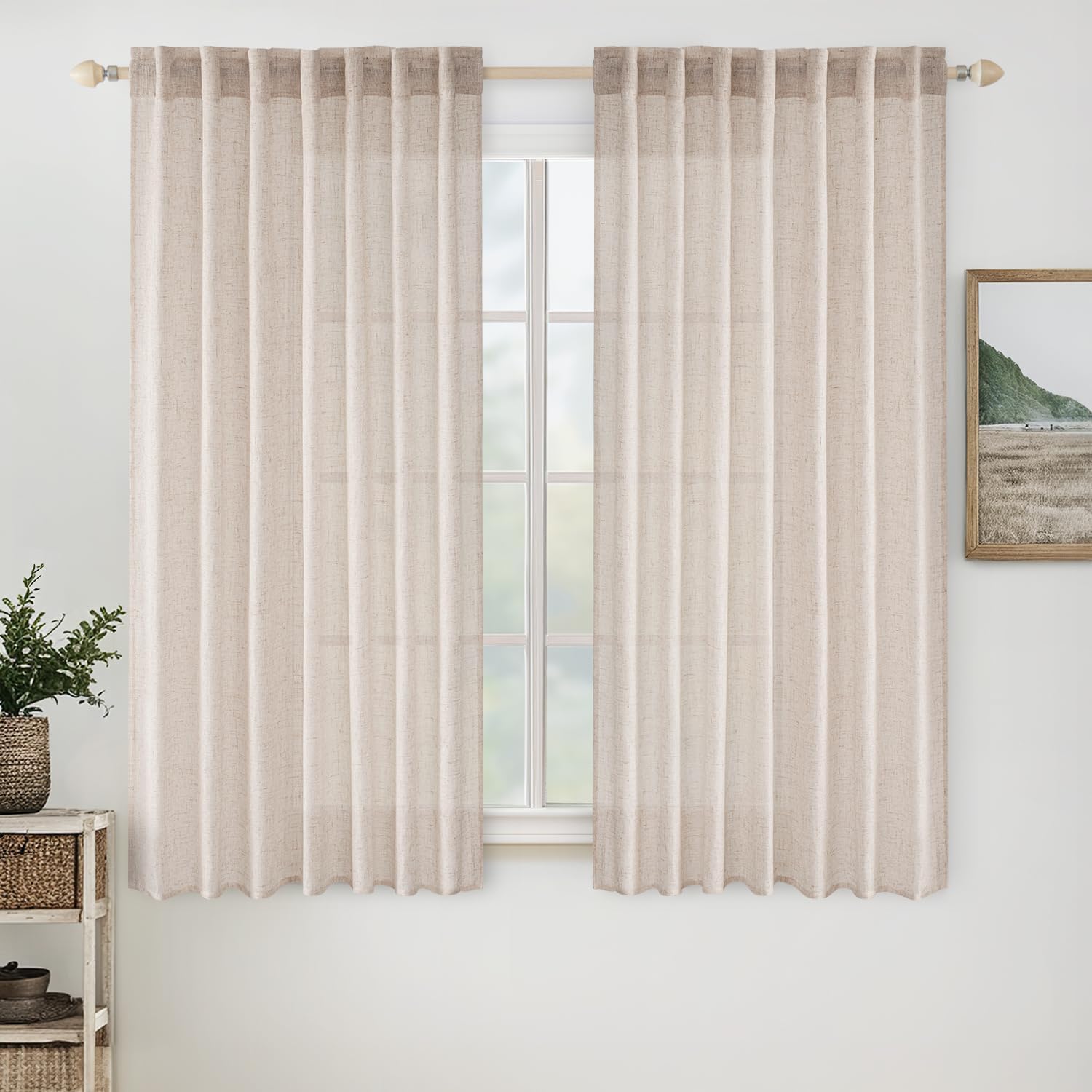 MIULEE Beige Linen Curtains 96 Inches Long 2 Panels for Bedroom Living Room, Soft Linen Textured Window Drapes Semi Sheer Light Filtering Back Tab Rod Pocket Farmhouse Modern Burlap Look Decor