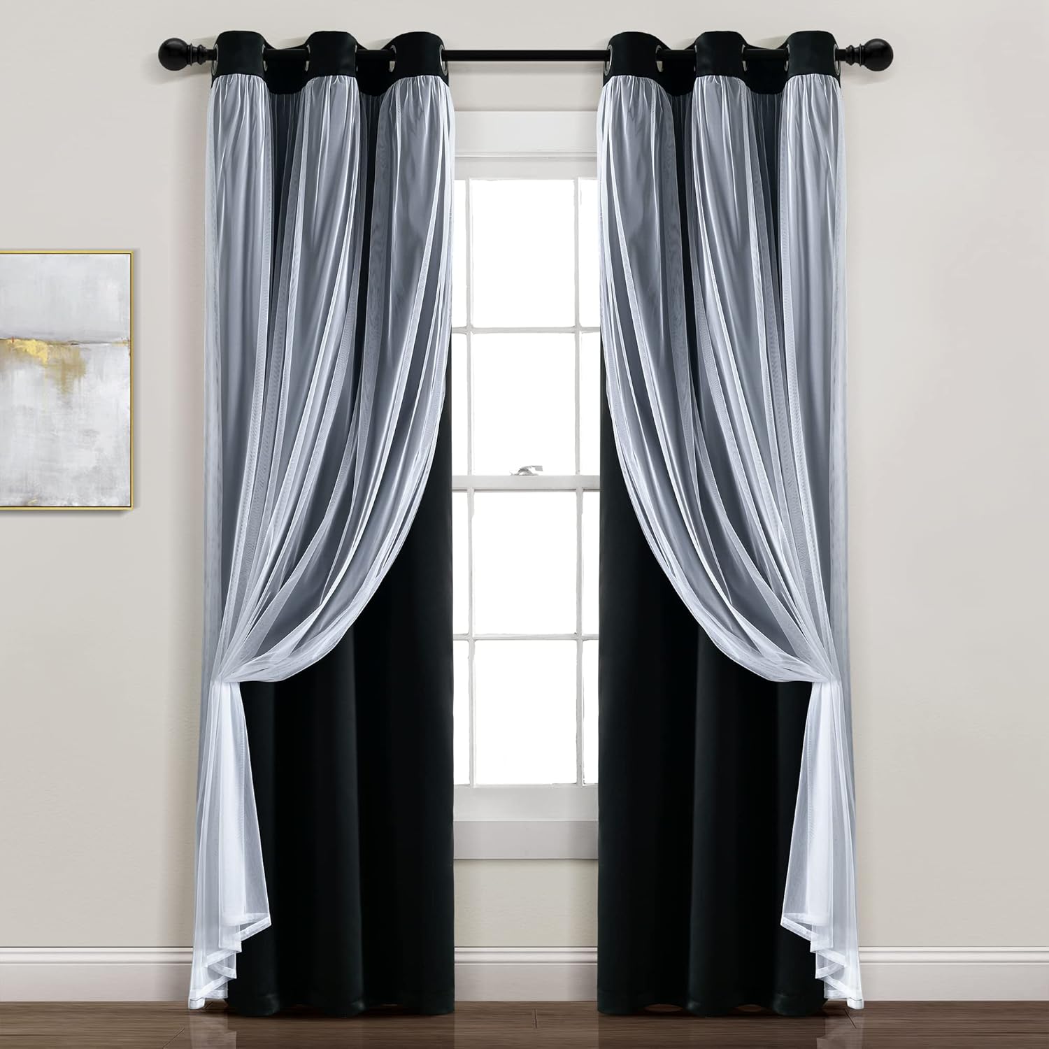 Lush Decor Sheer Grommet Curtains With Insulated Blackout Lining, Window Curtain Panels, Pair, 38"W x 120"L, Wheat - Curtain With Sheer Overlay, Elegant Blackout Curtains for Bedroom