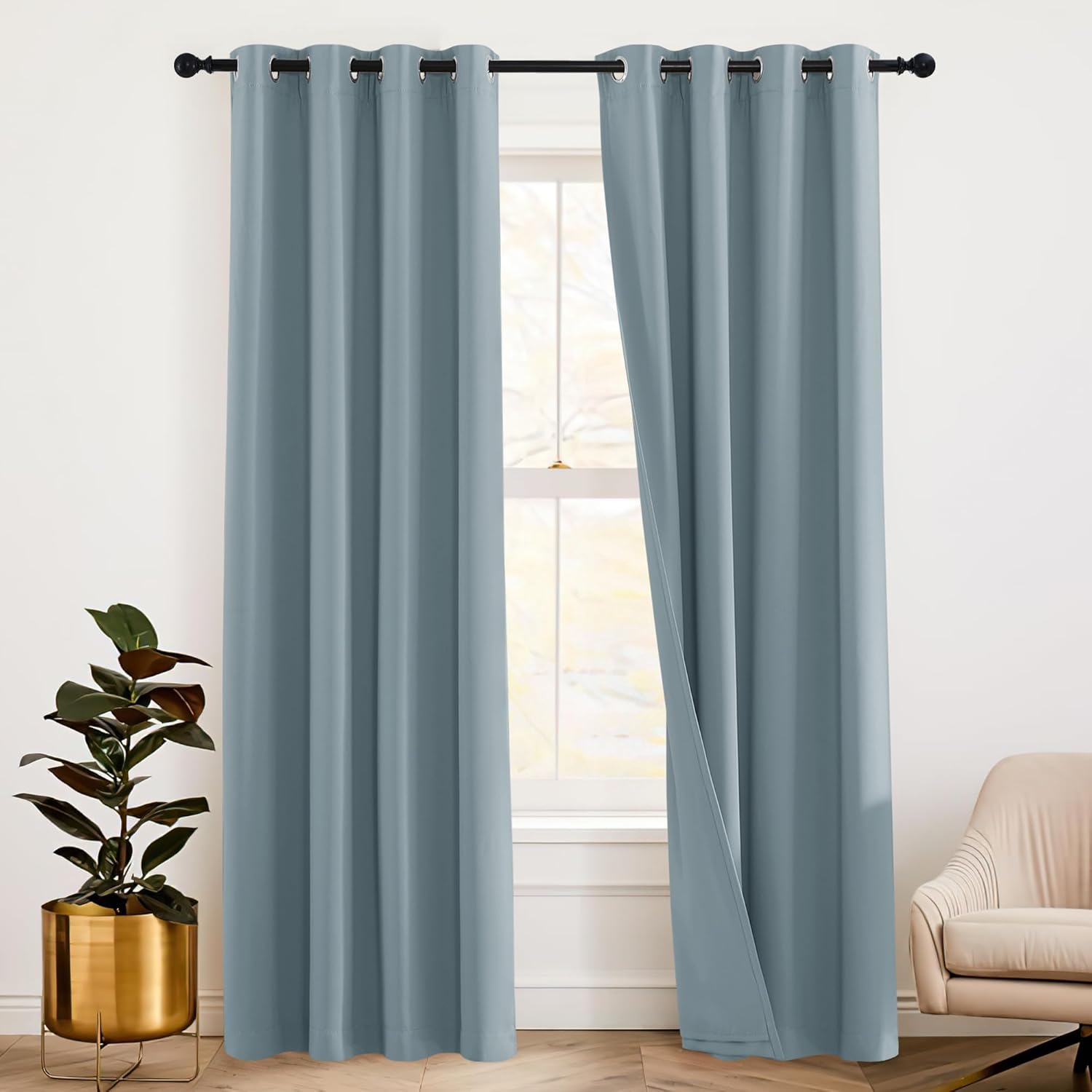 RYB HOME Soundproof Curtains Blackout - 3 Layers Light Block Noise Cancelling Thermal Insulated Curtains for Living Room Bedroom Room Divider, 52 inch Wide x 108 inch Long, Grey, 2 Panels