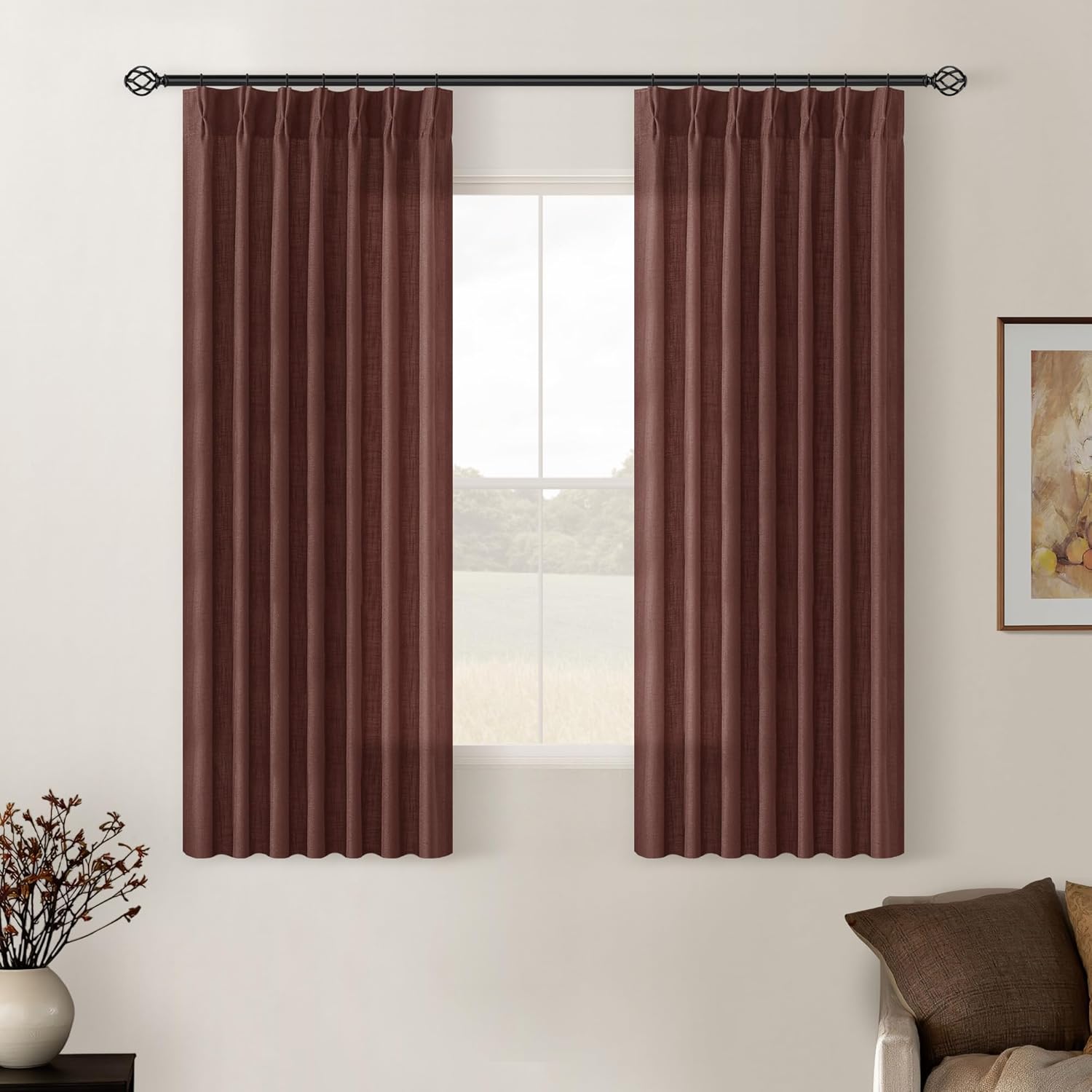 Natural Pinch Pleated Linen Curtains 84 Inch Length 2 Panels for Living Room Bedroom Textured Cream Ivory Birch Semi Sheer Boho Neutral Back Tab Pinch Pleat Hooks Rings Window Curtain 84 Inches Long