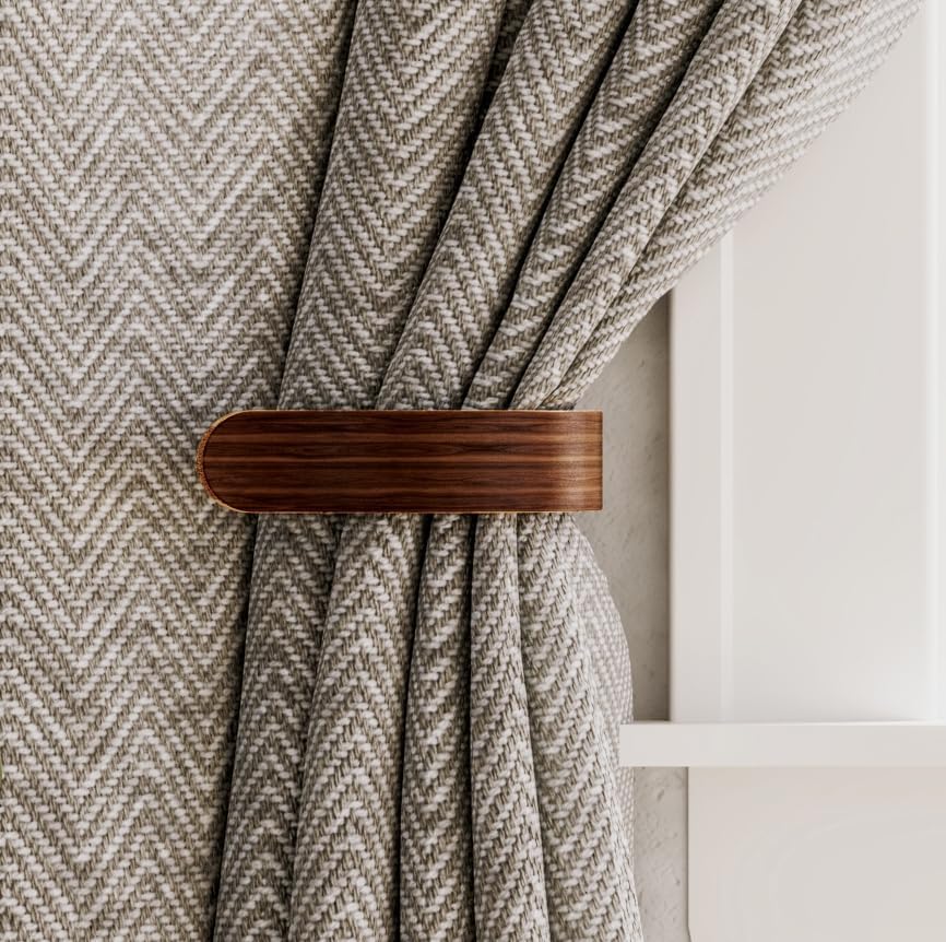 2 x Waveply Wood Curtain Holdbacks Plywood Drapery U Shaped Hook Tiebacks for Wall (Walnut)