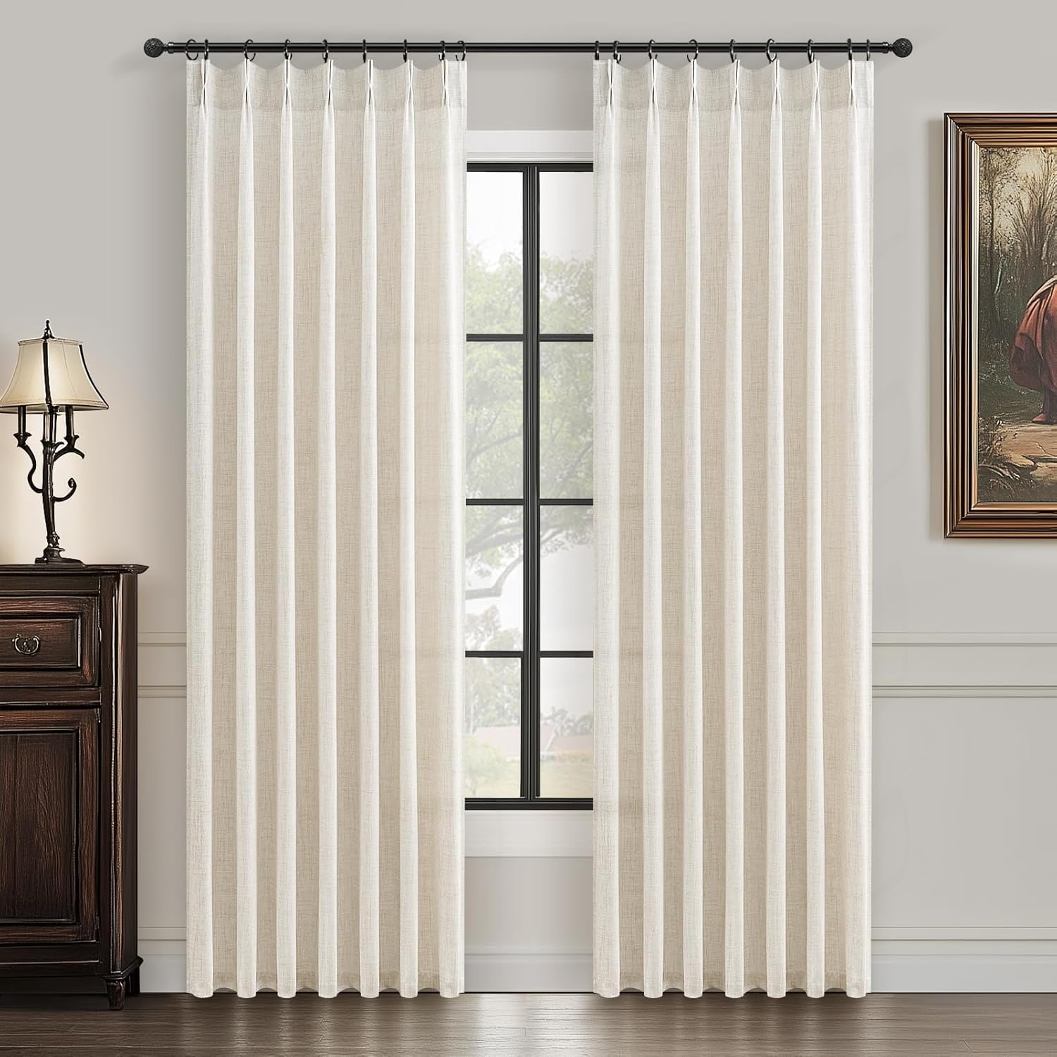 Pinch Pleated Linen Curtains 96 Inches Long for Living Room Bedroom, Light Filtering Boho Window Drape 96 inch 2 Panels Burgs with Hooks&Rings 8ft Cream Birch Sliding Glass Door Sheer Curtain Decor