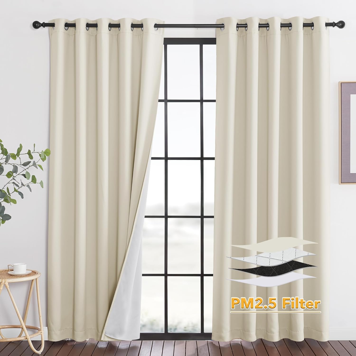 RYB HOME Soundproof Curtains for Bedroom, PM2.5 Particle Filter 100% Blackout Energy Saving Small Window Curtains for Baby Nursery Living Room Home Office, Grey, W 42 x L 63 inches, 2 Pcs