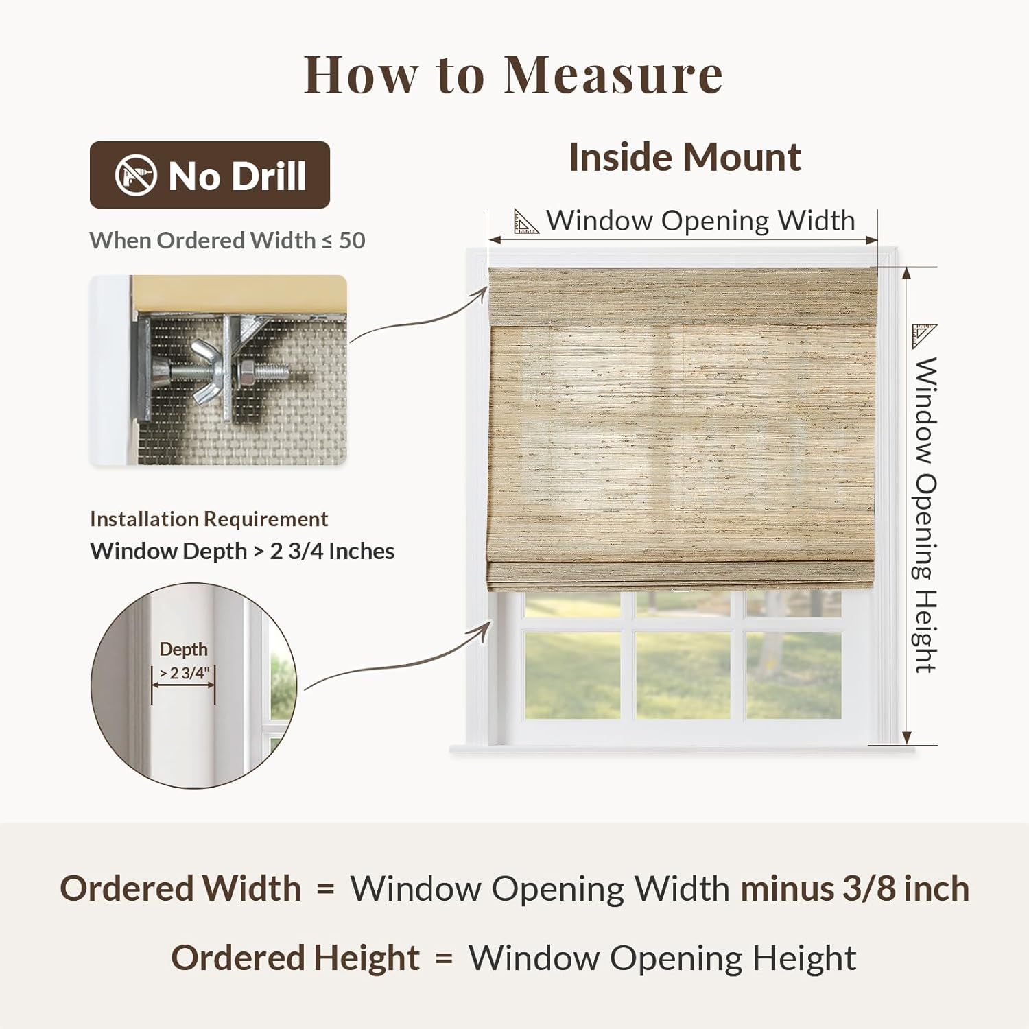 TWOPAGES Natural Cordless Ramie Roman Shade No Drill Customized Roman Blind Light Filtering Blackout Roman Window Shade for Windows, Beige, 1 Piece