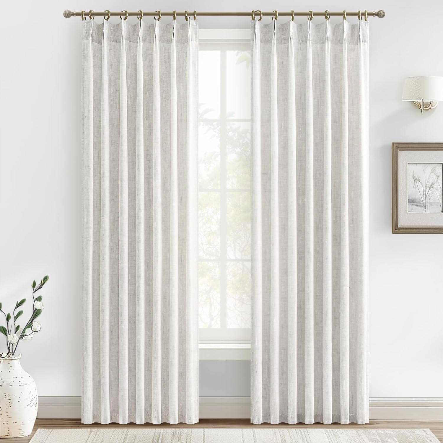 Pinch Pleated Linen Curtains 96 Inches Long for Living Room Bedroom, Light Filtering Boho Window Drape 96 inch 2 Panels Burgs with Hooks&Rings 8ft Cream Birch Sliding Glass Door Sheer Curtain Decor