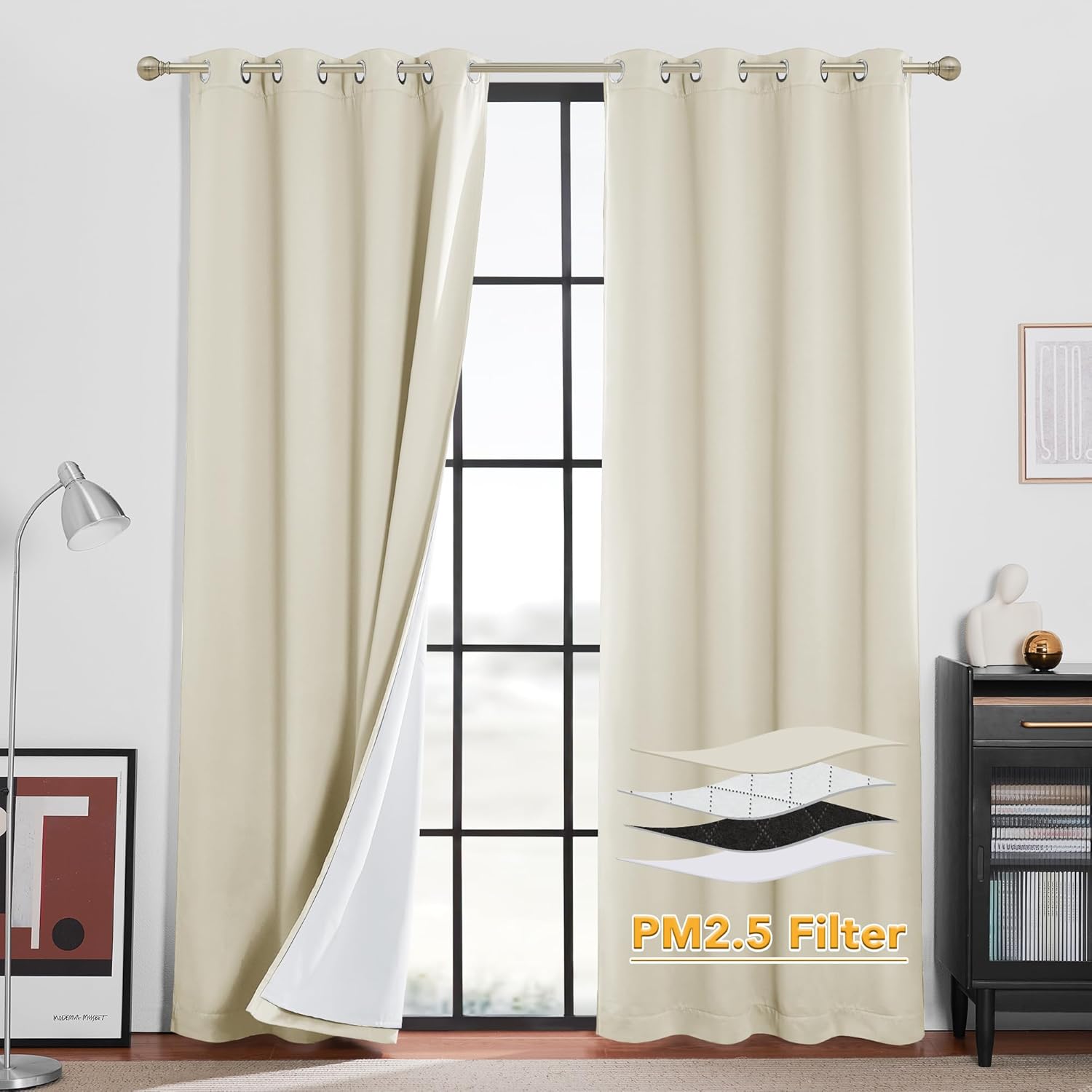 RYB HOME PM 2.5 Filter Curtains for Living Room, Noise Reduction Room Darkening Window Coverings Melt Blown Fabric Liner for Dust Sandstorms Smog Pollen Odor Filtering, Black, W52 x L84 inch, 2 Panels