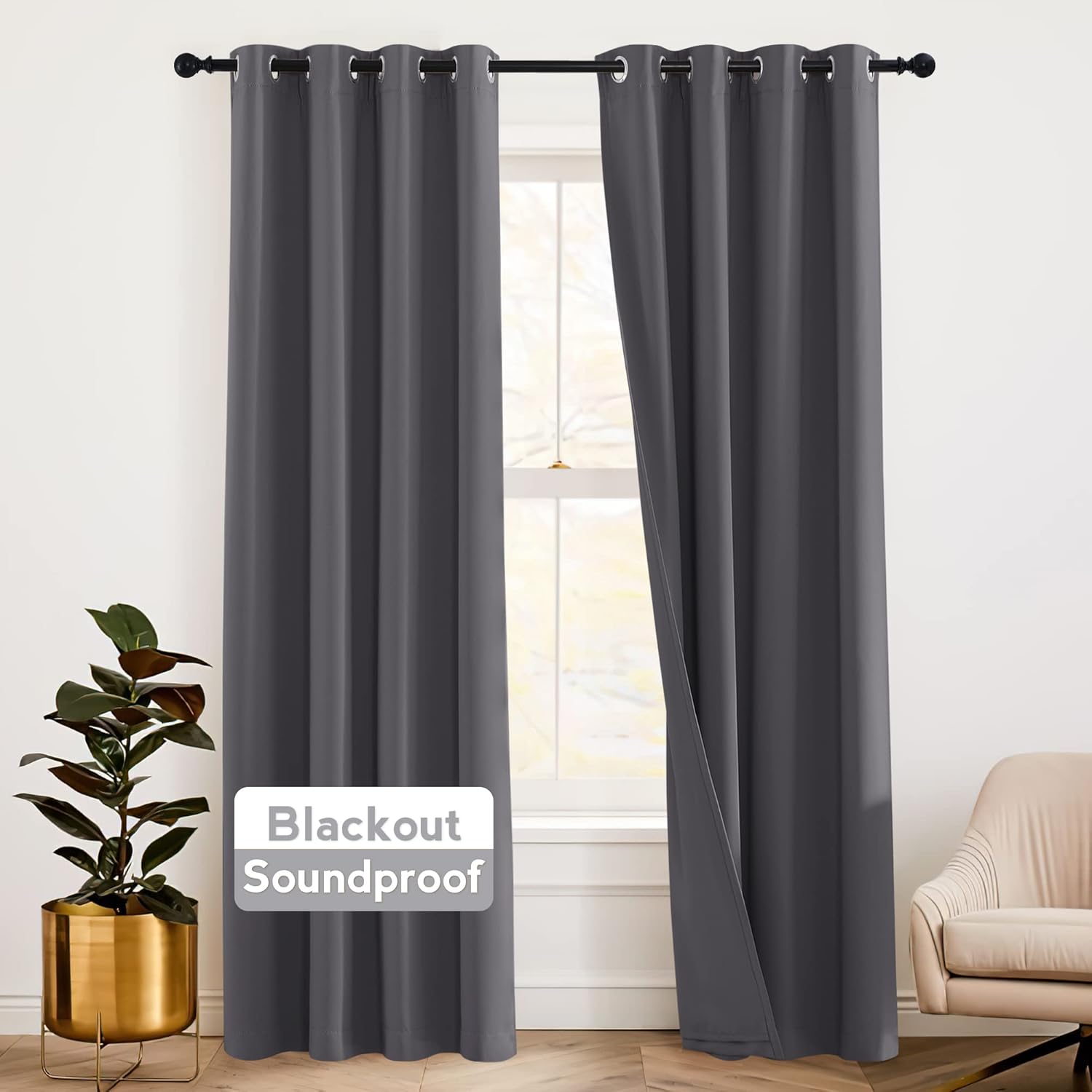 RYB HOME Soundproof Curtains Blackout - 3 Layers Light Block Noise Cancelling Thermal Insulated Curtains for Living Room Bedroom Room Divider, 52 inch Wide x 108 inch Long, Grey, 2 Panels