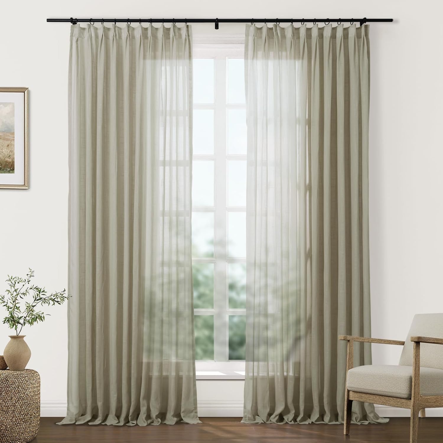 TWOPAGES Light Brown Pinch Pleated Sheer Curtains 90 Inches Long Linen Textured Drapes for Living Room Bedroom Faux Linen Curtains with Hooks, Set of 2, 52" W x 90" L