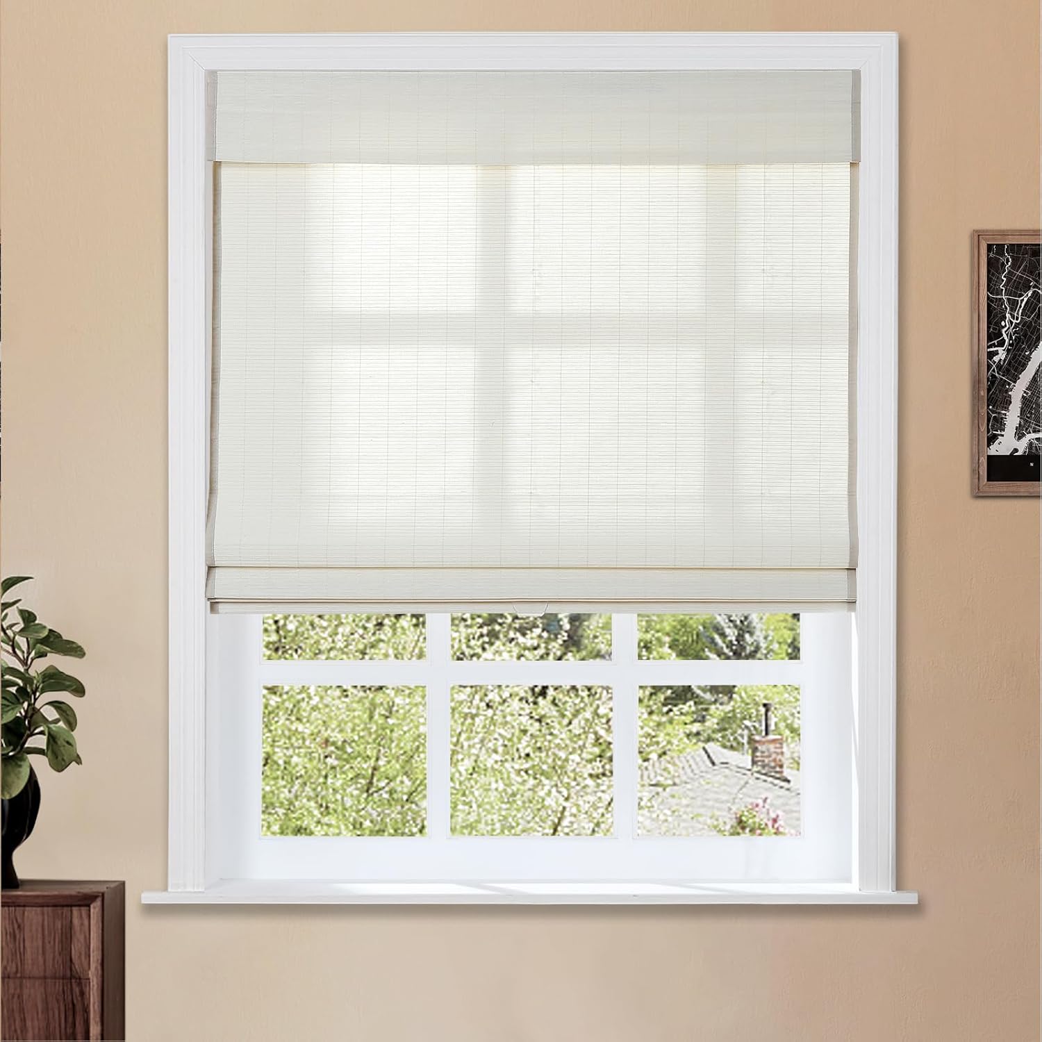 TWOPAGES Natural Cordless Ramie Roman Shade No Drill Customized Roman Blind Light Filtering Blackout Roman Window Shade for Windows, Beige, 1 Piece