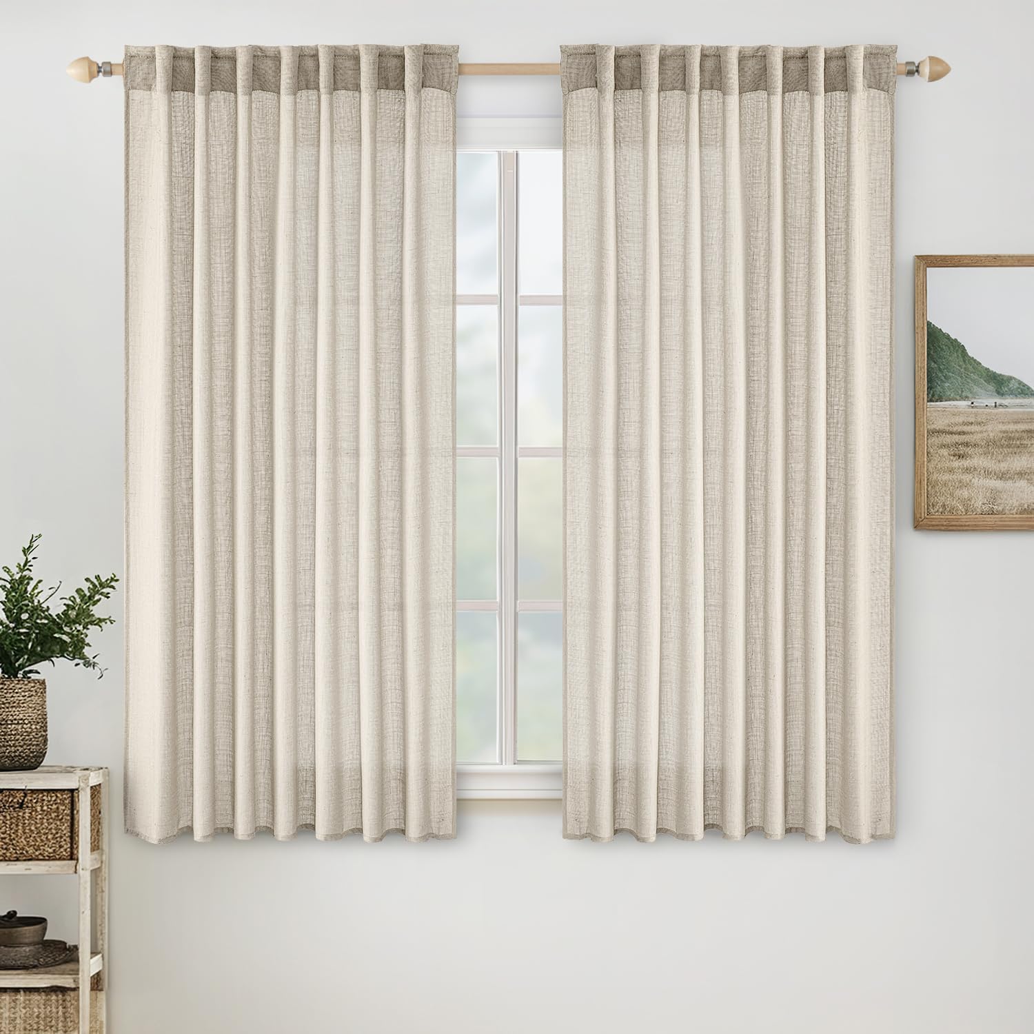 MIULEE Beige Linen Curtains 96 Inches Long 2 Panels for Bedroom Living Room, Soft Linen Textured Window Drapes Semi Sheer Light Filtering Back Tab Rod Pocket Farmhouse Modern Burlap Look Decor