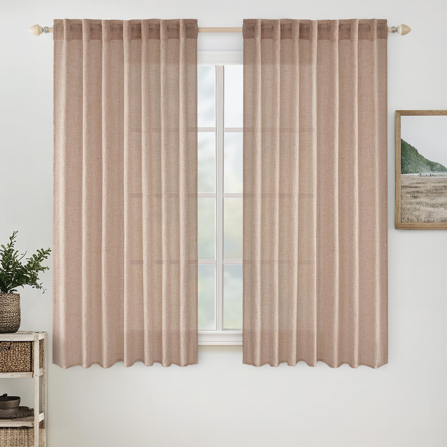 MIULEE Beige Linen Curtains 96 Inches Long 2 Panels for Bedroom Living Room, Soft Linen Textured Window Drapes Semi Sheer Light Filtering Back Tab Rod Pocket Farmhouse Modern Burlap Look Decor