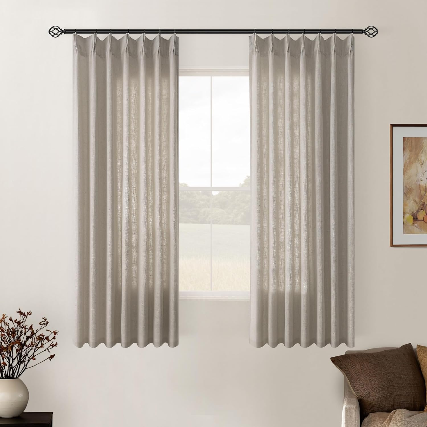 Natural Pinch Pleated Linen Curtains 84 Inch Length 2 Panels for Living Room Bedroom Textured Cream Ivory Birch Semi Sheer Boho Neutral Back Tab Pinch Pleat Hooks Rings Window Curtain 84 Inches Long