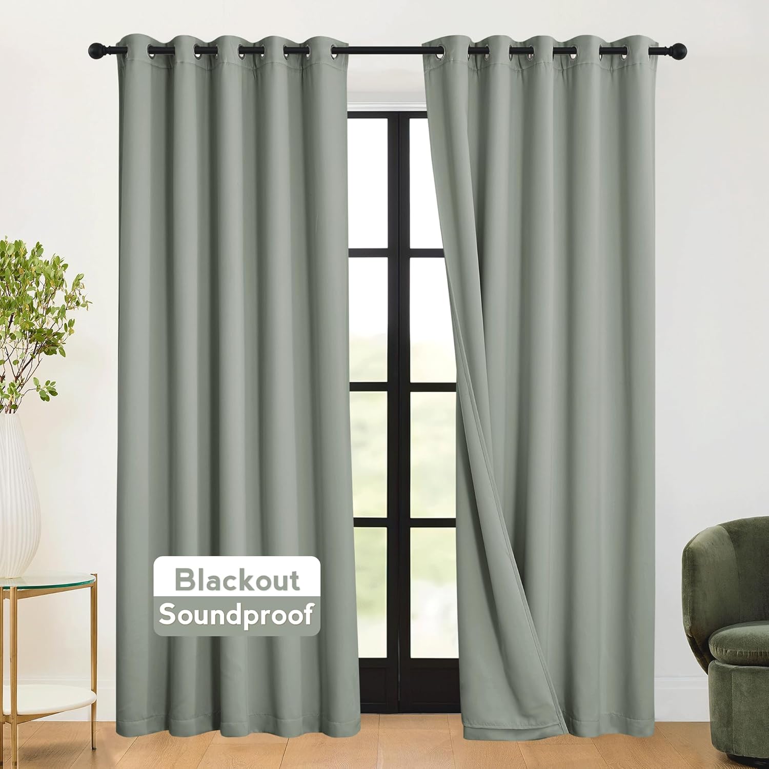 RYB HOME Soundproof Curtains Blackout - 3 Layers Light Block Noise Cancelling Thermal Insulated Curtains for Living Room Bedroom Room Divider, 52 inch Wide x 108 inch Long, Grey, 2 Panels