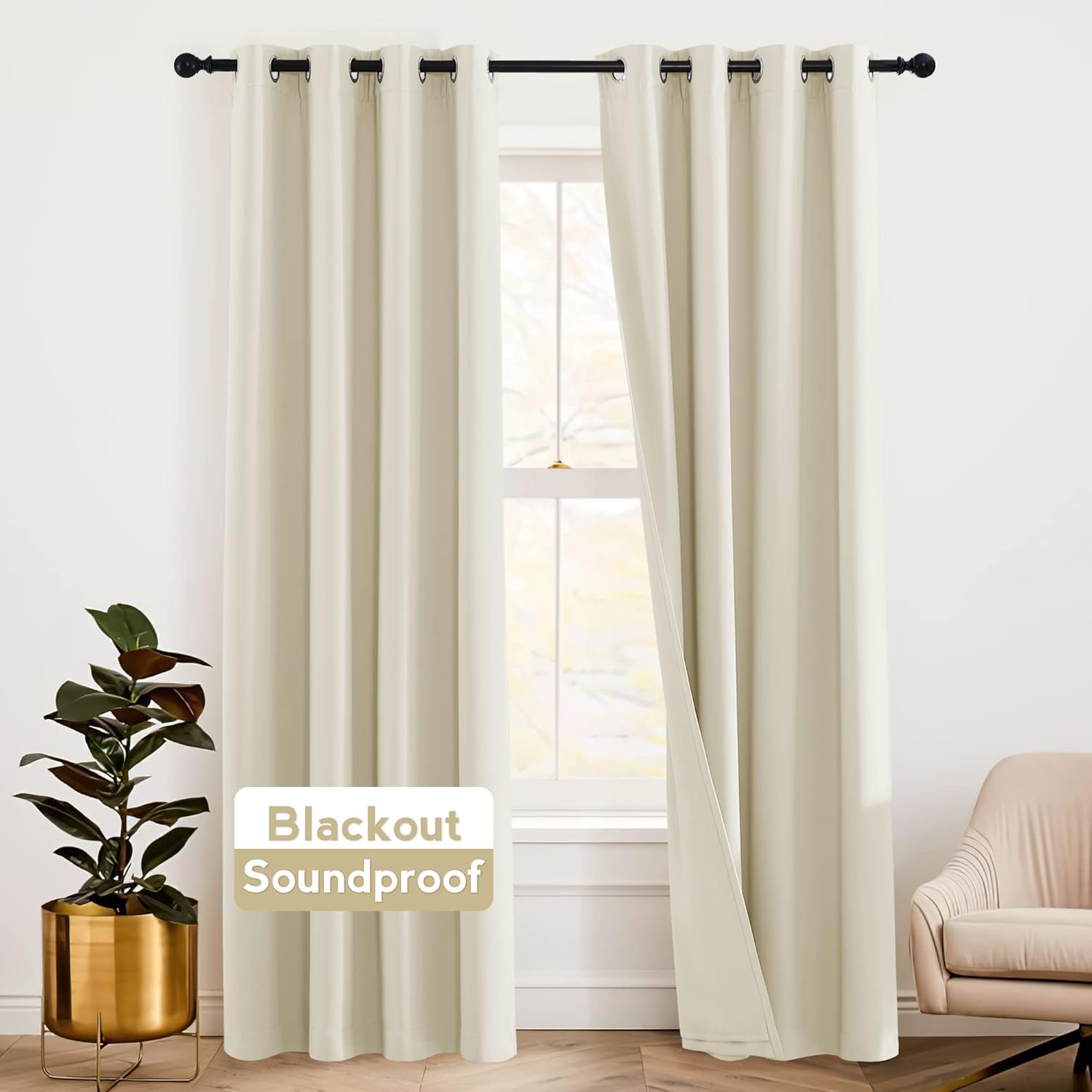 RYB HOME Soundproof Curtains Blackout - 3 Layers Light Block Noise Cancelling Thermal Insulated Curtains for Living Room Bedroom Room Divider, 52 inch Wide x 108 inch Long, Grey, 2 Panels