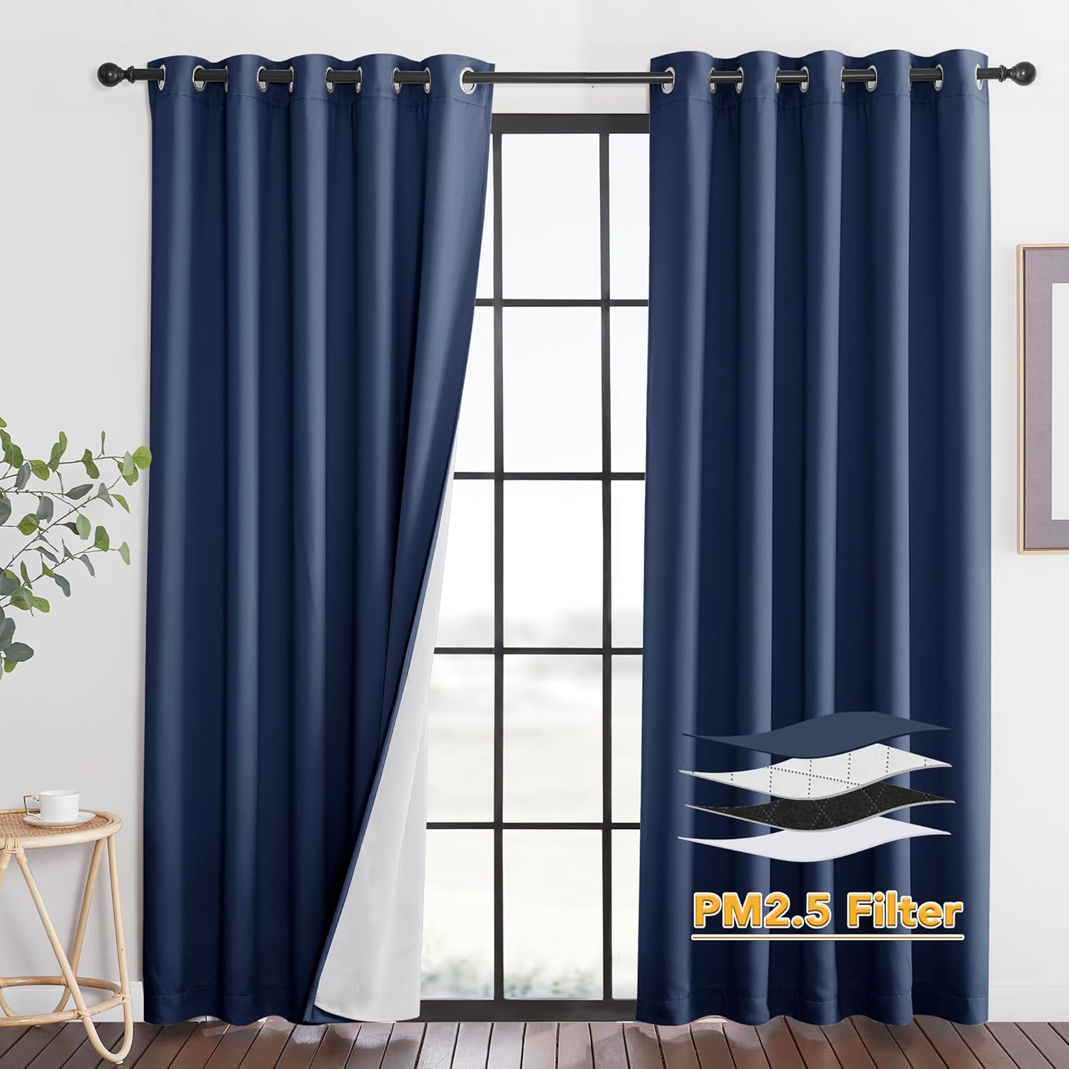 RYB HOME PM 2.5 Filter Curtains for Living Room, Noise Reduction Room Darkening Window Coverings Melt Blown Fabric Liner for Dust Sandstorms Smog Pollen Odor Filtering, Black, W52 x L84 inch, 2 Panels