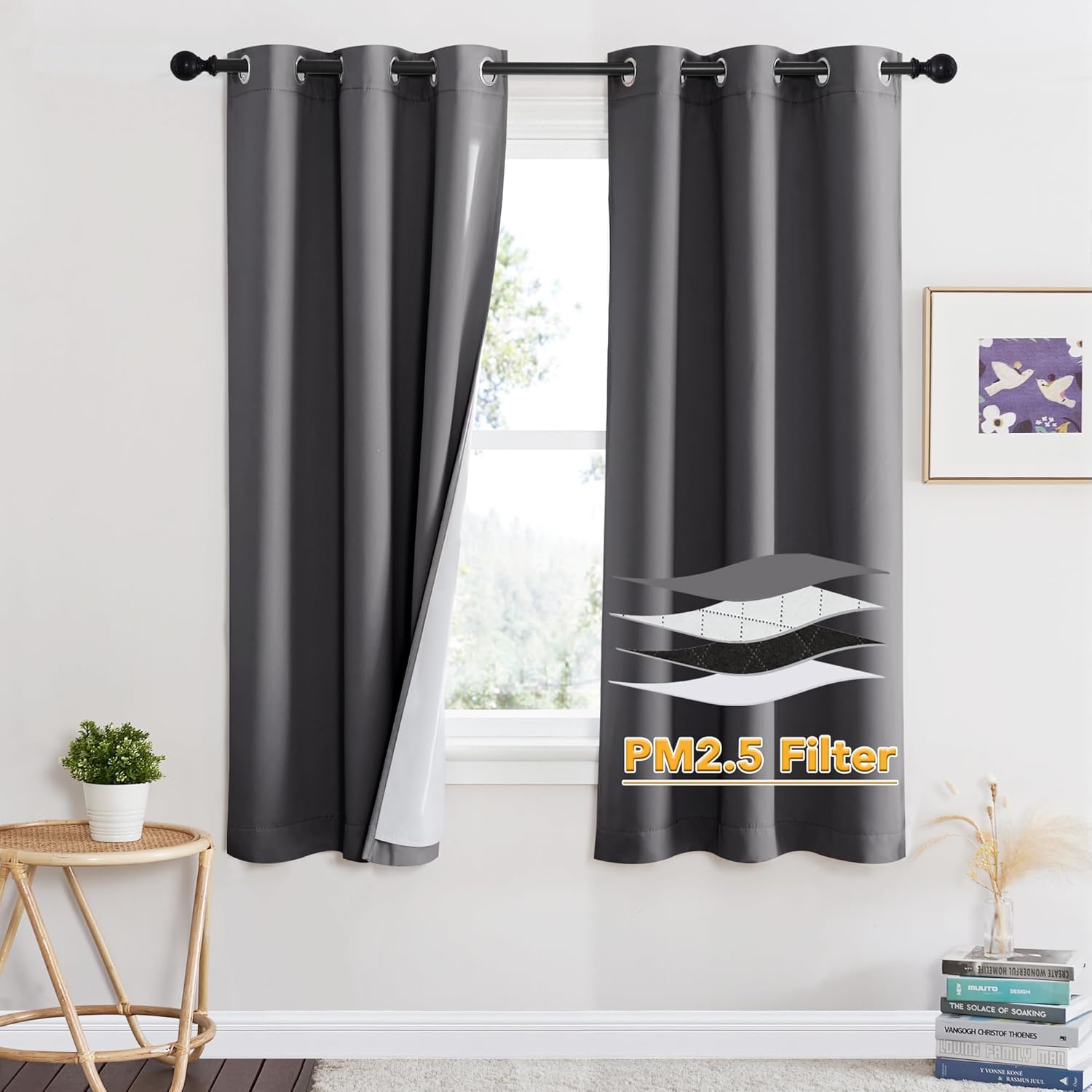 RYB HOME Soundproof Curtains for Bedroom, PM2.5 Particle Filter 100% Blackout Energy Saving Small Window Curtains for Baby Nursery Living Room Home Office, Grey, W 42 x L 63 inches, 2 Pcs