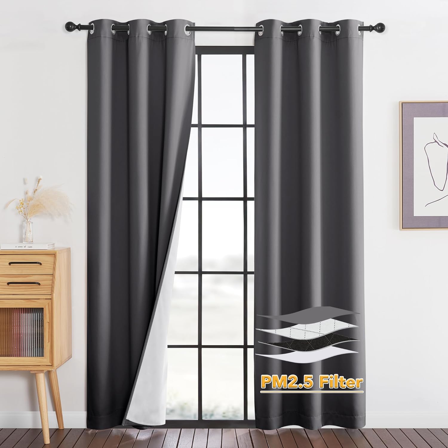 RYB HOME Soundproof Curtains for Bedroom, PM2.5 Particle Filter 100% Blackout Energy Saving Small Window Curtains for Baby Nursery Living Room Home Office, Grey, W 42 x L 63 inches, 2 Pcs