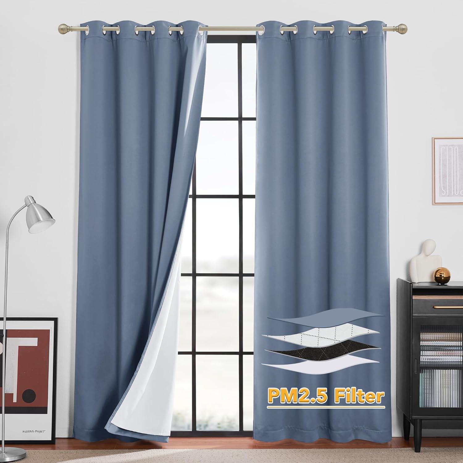 RYB HOME Soundproof Curtains for Bedroom, PM2.5 Particle Filter 100% Blackout Energy Saving Small Window Curtains for Baby Nursery Living Room Home Office, Grey, W 42 x L 63 inches, 2 Pcs