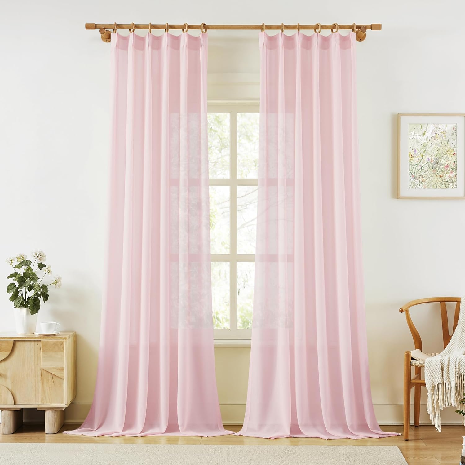 KangBang Pinch Pleat Sheer Curtains 112 Inches Long 2 Panels, Light Filtering Tree Branch Texture Soft Voile Drapes for Living Room Hotel Dorm, Gauzy and Breezy Window Panels, White,42x112 Inch