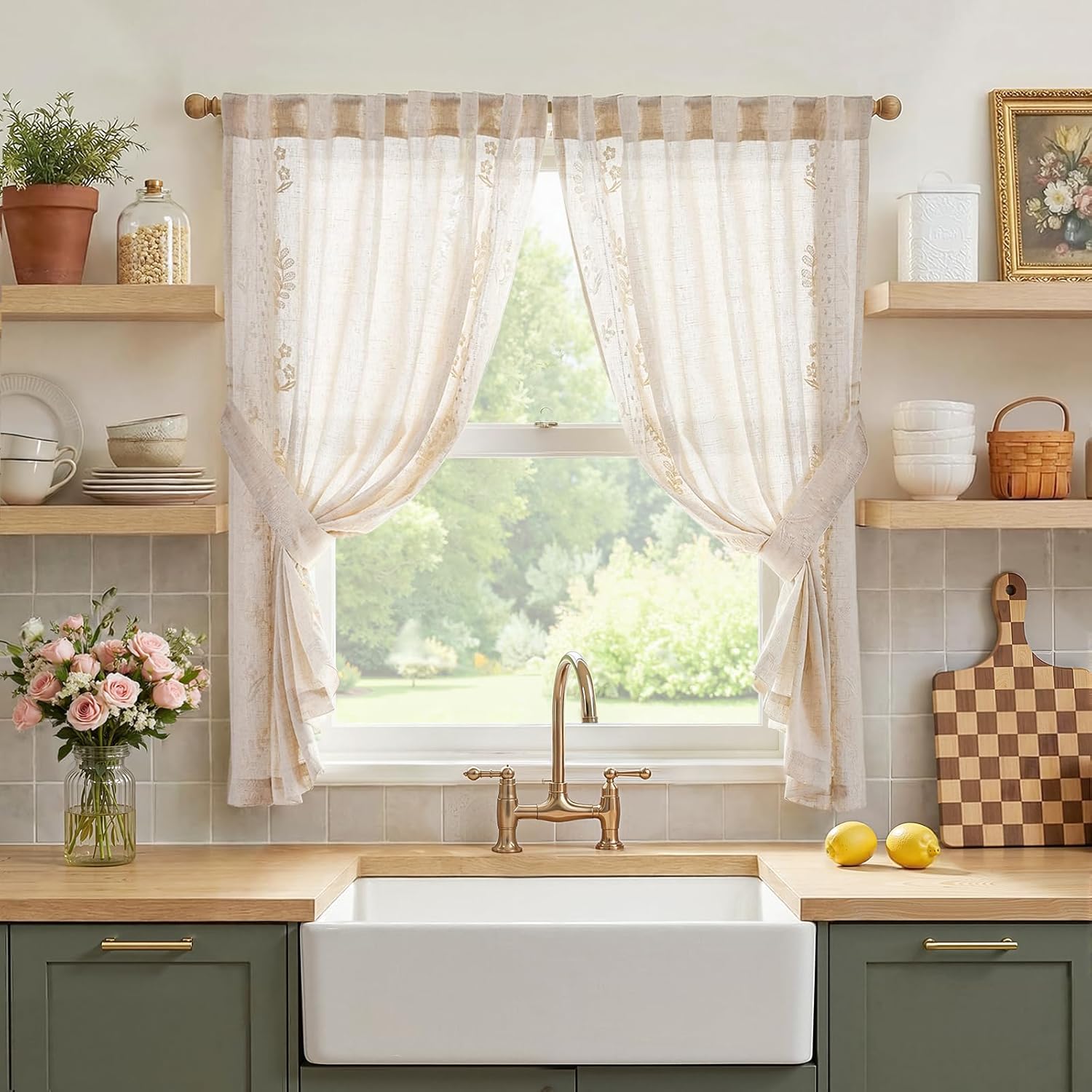 jinchan Belrose Linen Sheer Curtains for Living Room 84 Inch Length Sheer Voile Embroidered Floral Curtains for Bedroom Light Filtering Rod Pocket Window Treatments Farmhouse Decor 2 Panels Beige