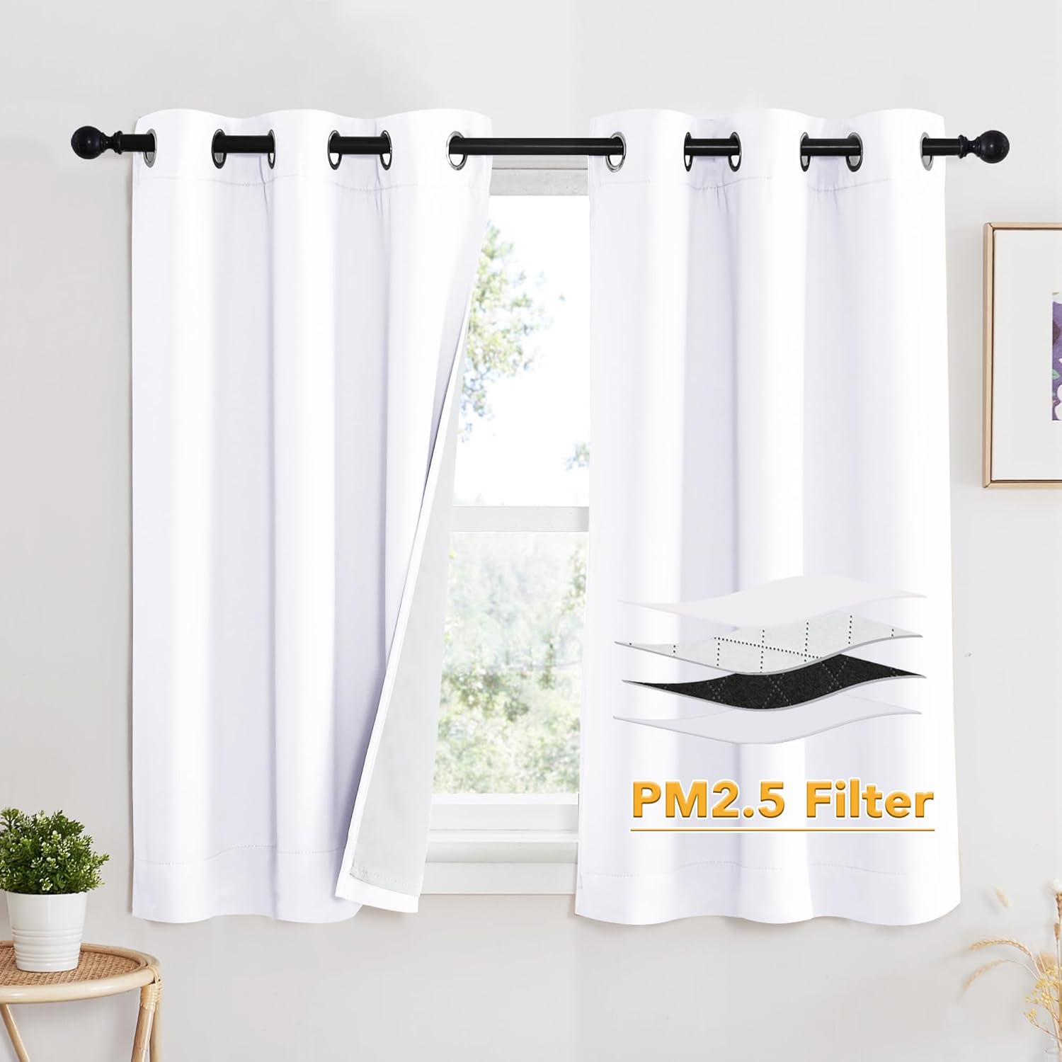 RYB HOME PM 2.5 Filter Curtains for Living Room, Noise Reduction Room Darkening Window Coverings Melt Blown Fabric Liner for Dust Sandstorms Smog Pollen Odor Filtering, Black, W52 x L84 inch, 2 Panels