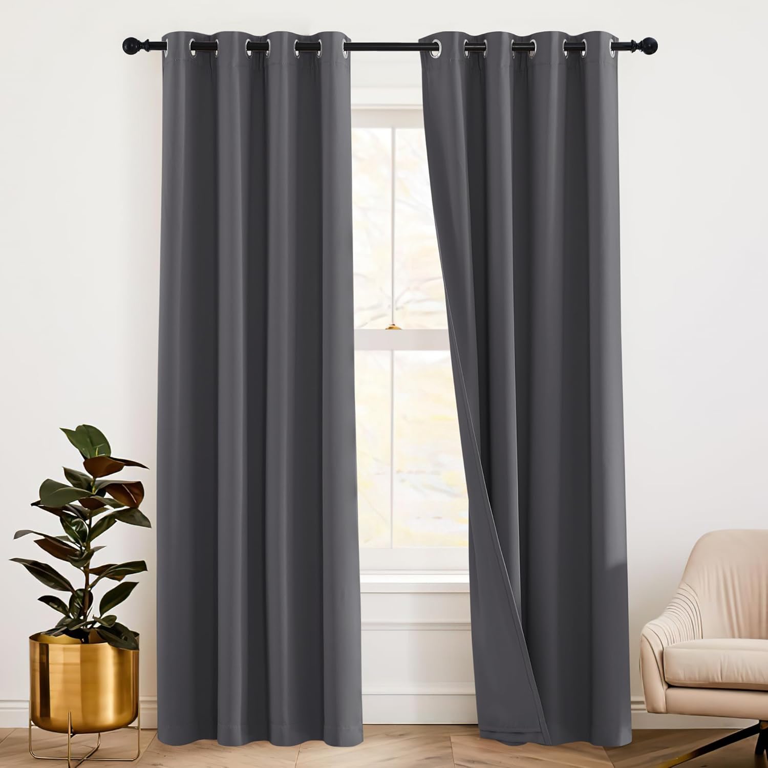 RYB HOME Soundproof Curtains Blackout - 3 Layers Light Block Noise Cancelling Thermal Insulated Curtains for Living Room Bedroom Room Divider, 52 inch Wide x 108 inch Long, Grey, 2 Panels