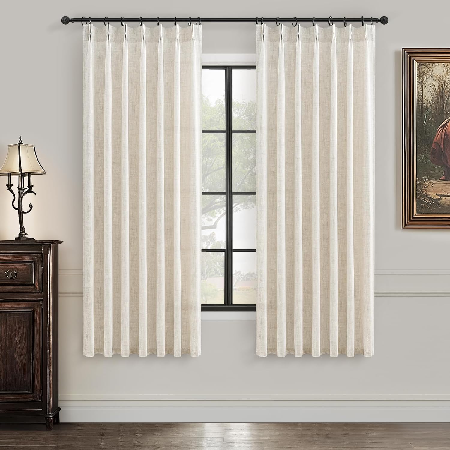 Pinch Pleated Linen Curtains 96 Inches Long for Living Room Bedroom, Light Filtering Boho Window Drape 96 inch 2 Panels Burgs with Hooks&Rings 8ft Cream Birch Sliding Glass Door Sheer Curtain Decor