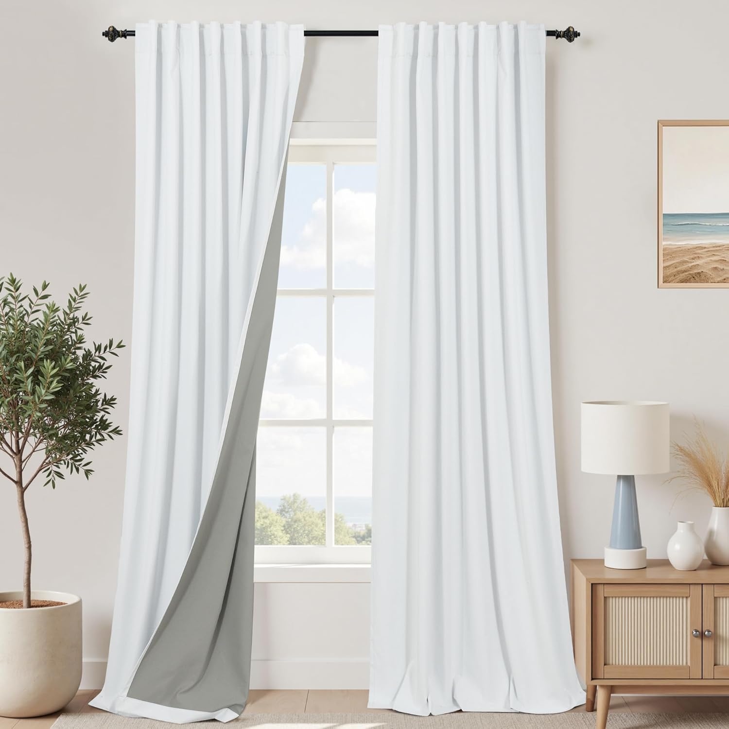 Extra Wide Soundproof Blackout Curtains with Pleated Back Tab Rod Pocket,96 Inch Long 2 Panel Set Thermal Curtain for Winter Insulated to Keep Cold Out Noise Reducing Curtains for Living Room Bedroom