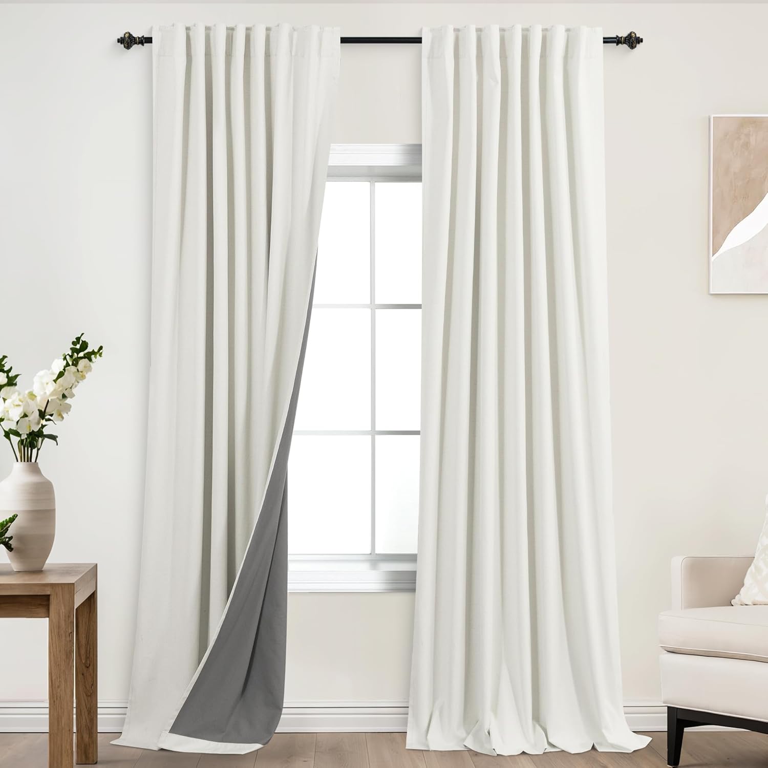 Extra Wide Soundproof Blackout Curtains with Pleated Back Tab Rod Pocket,96 Inch Long 2 Panel Set Thermal Curtain for Winter Insulated to Keep Cold Out Noise Reducing Curtains for Living Room Bedroom