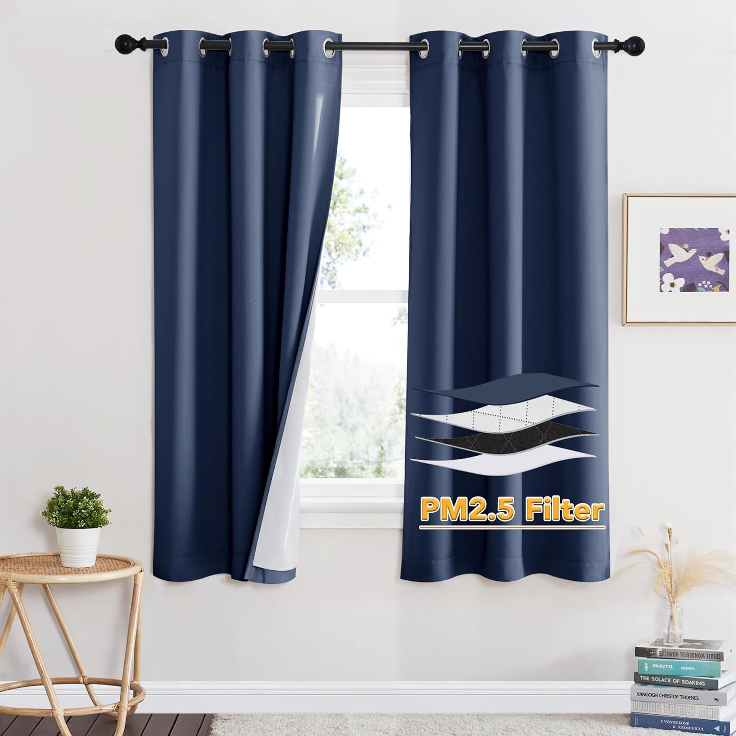 RYB HOME Soundproof Curtains for Bedroom, PM2.5 Particle Filter 100% Blackout Energy Saving Small Window Curtains for Baby Nursery Living Room Home Office, Grey, W 42 x L 63 inches, 2 Pcs