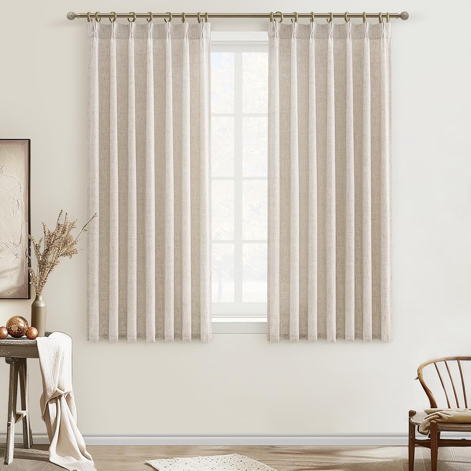 Pinch Pleated Linen Curtains 96 Inches Long for Living Room Bedroom, Light Filtering Boho Window Drape 96 inch 2 Panels Burgs with Hooks&Rings 8ft Cream Birch Sliding Glass Door Sheer Curtain Decor