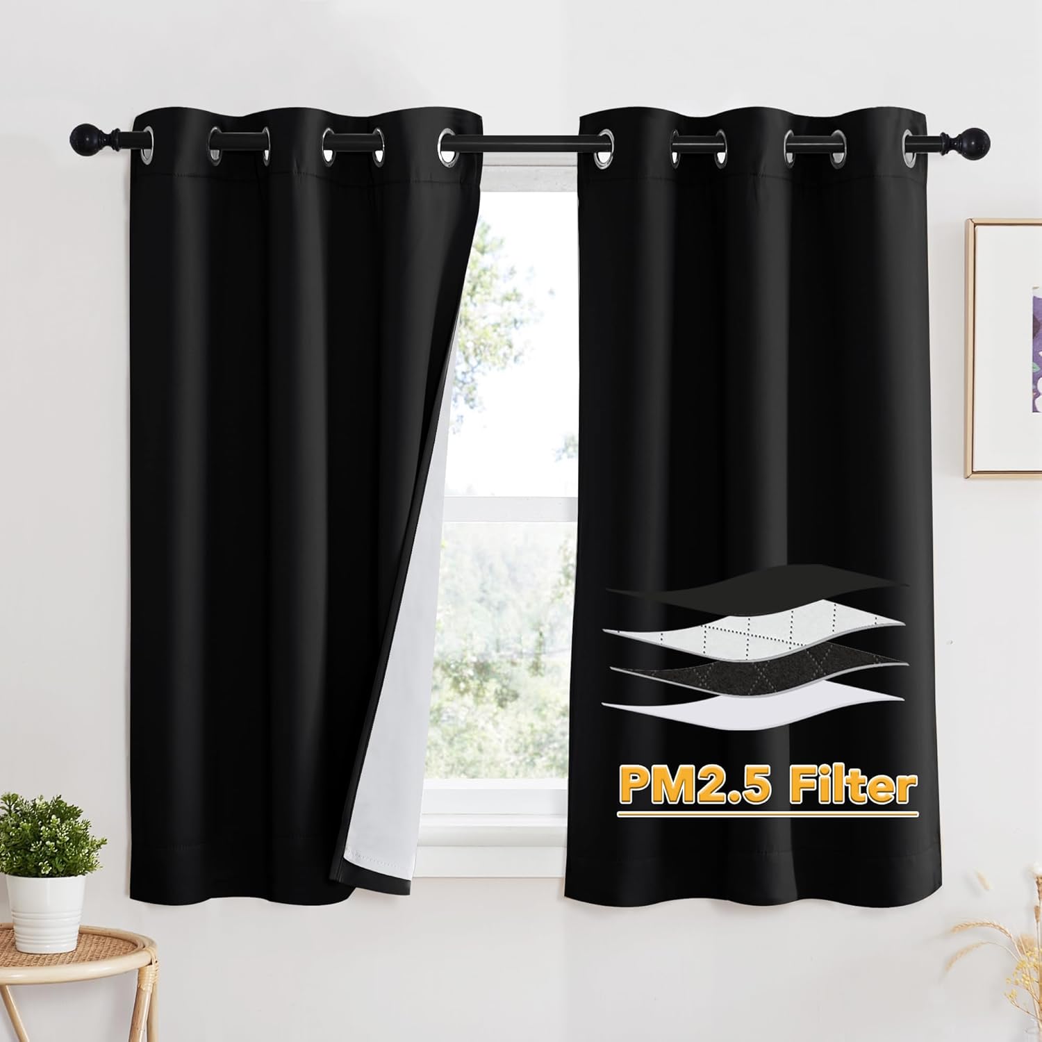 RYB HOME PM 2.5 Filter Curtains for Living Room, Noise Reduction Room Darkening Window Coverings Melt Blown Fabric Liner for Dust Sandstorms Smog Pollen Odor Filtering, Black, W52 x L84 inch, 2 Panels