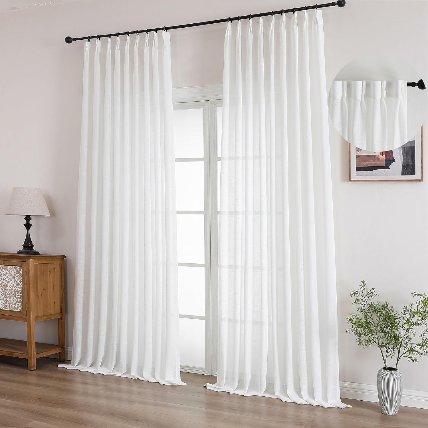 Ftinala Neutral Linen Semi Sheer Curtains 108 Inches Long, Cream Light Filtering Sliding Glass Door Curtains & Drapes, Modern Farmhouse Window Panel, Pinch Pleat Floor to Ceiling Curtain with Hook