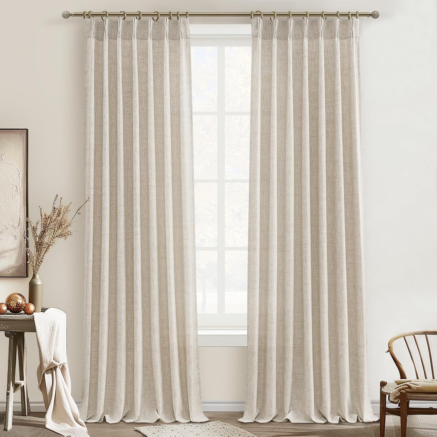 Pinch Pleated Linen Curtains 96 Inches Long for Living Room Bedroom, Light Filtering Boho Window Drape 96 inch 2 Panels Burgs with Hooks&Rings 8ft Cream Birch Sliding Glass Door Sheer Curtain Decor