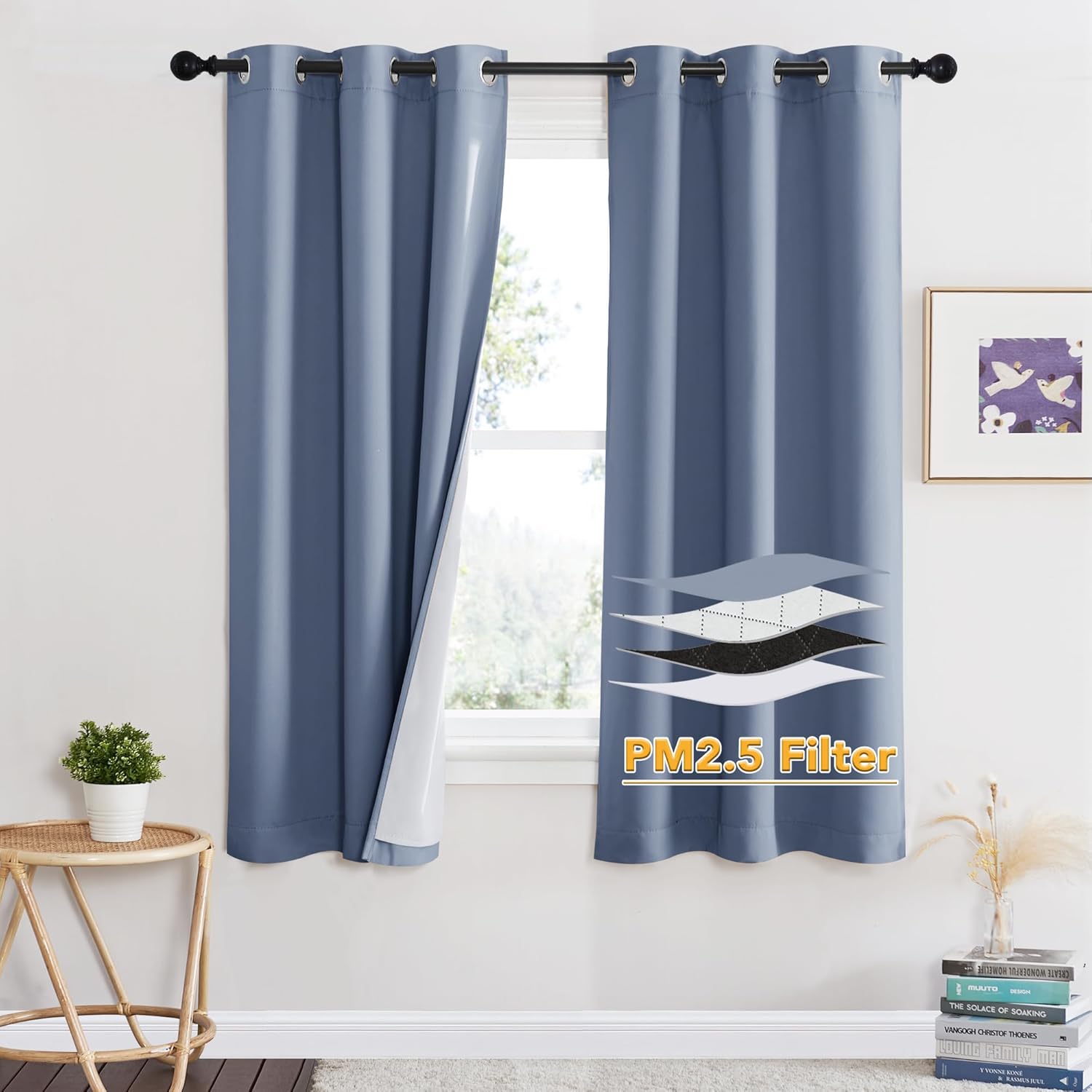 RYB HOME PM 2.5 Filter Curtains for Living Room, Noise Reduction Room Darkening Window Coverings Melt Blown Fabric Liner for Dust Sandstorms Smog Pollen Odor Filtering, Black, W52 x L84 inch, 2 Panels